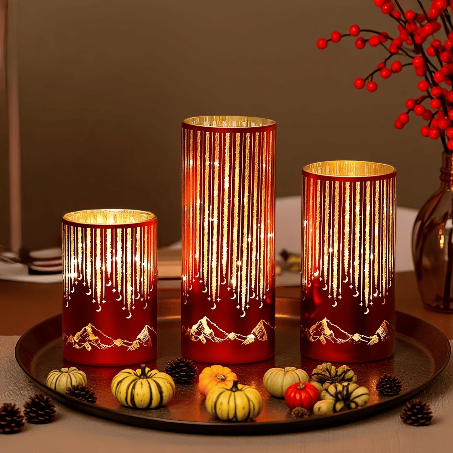 Ashroder Starry Night Elegant Hurricane Candleholders with LED Flickering Lights & Remote Timer, Decorative Glass Hurricanes for Indoor Table Centerpieces & Year-Round Home Decor, Set of 3 (Red)