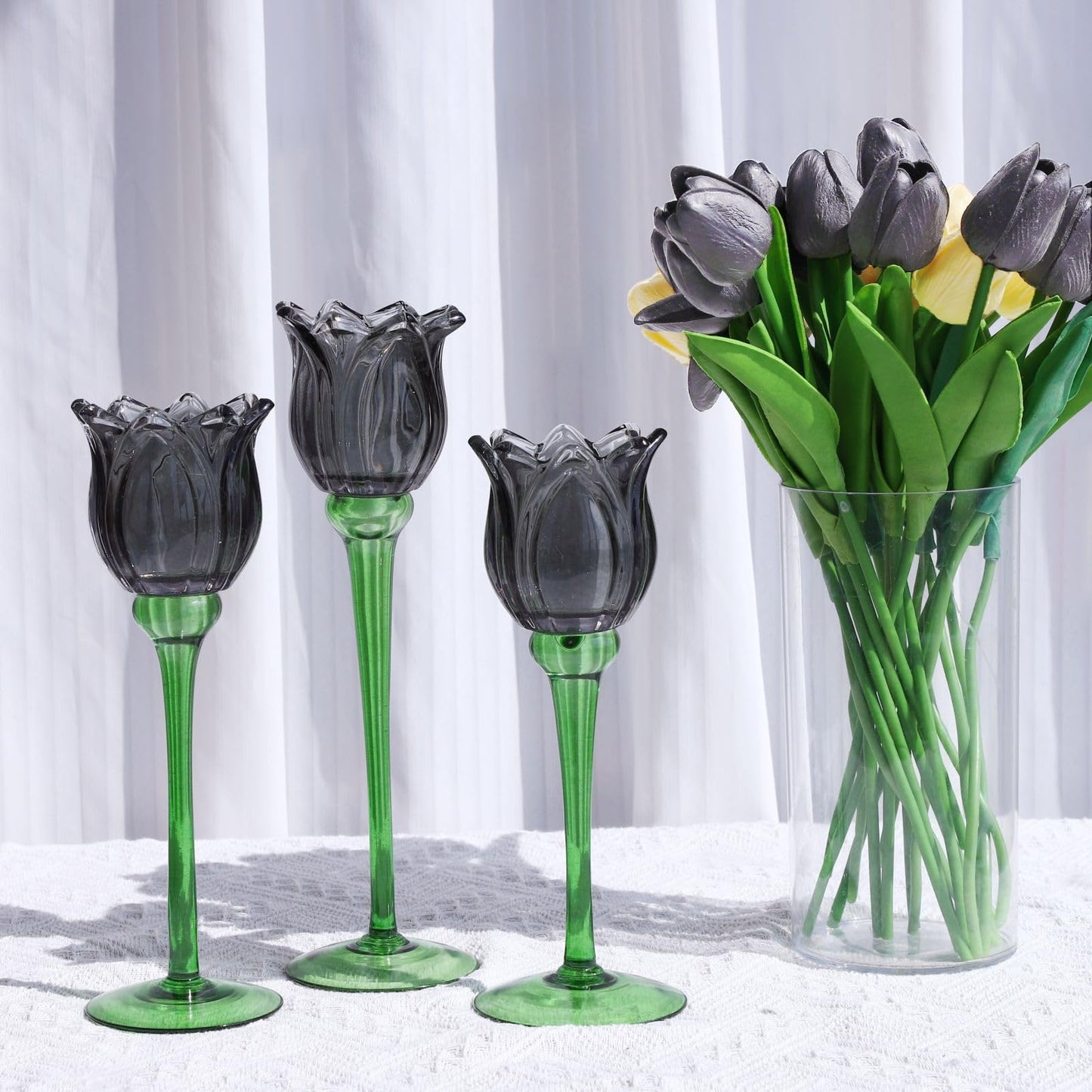 VOHO Light Black Flower Tealight Candle Holder Set of 3, Holiday Decorative Votive Candle Holders for Halloween Theme Party, Different Heights Tulip Tea Lights Candle Holder for Modern Farmhouse Decor