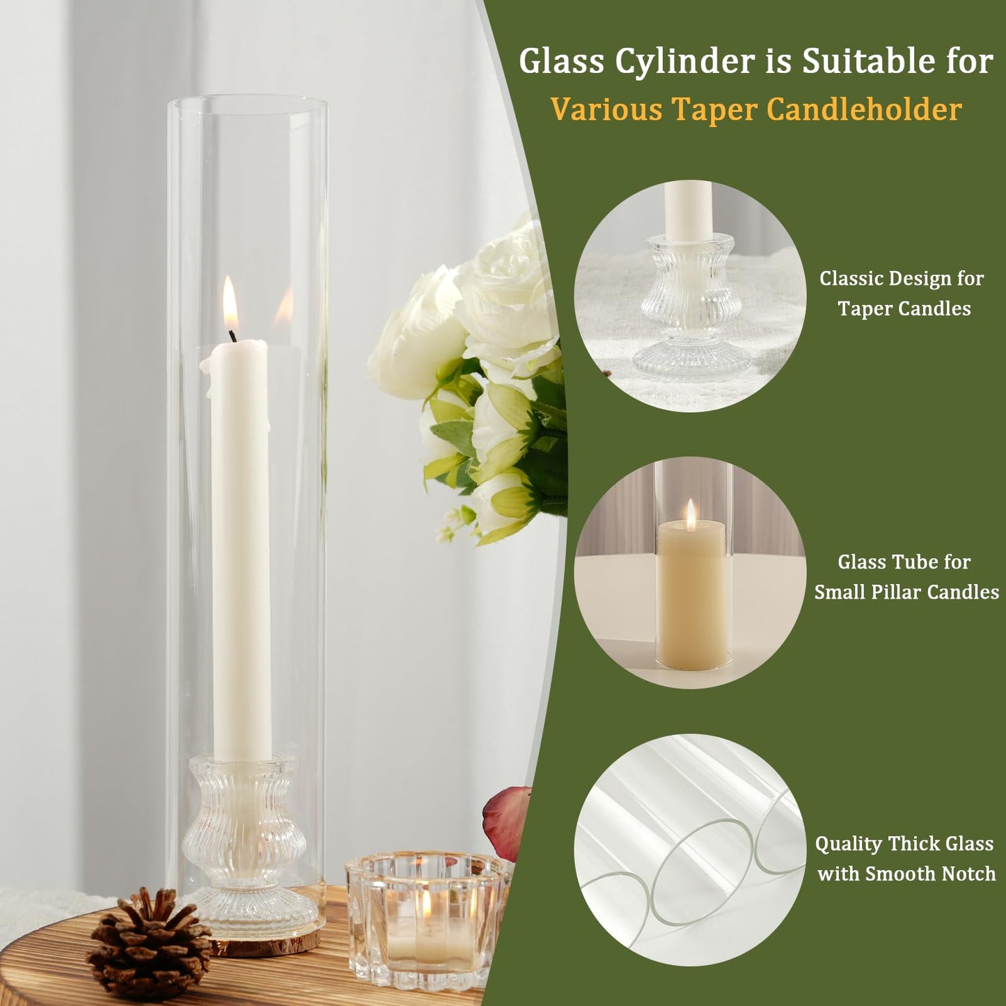 Hurricane Glass Candle Holders 10Pcs Fluted Candlestick Holders for Taper Candles with Cylinder Covers Crystal Candle Sticks Holder Decor for Wedding Birthday Christmas Table Decoration