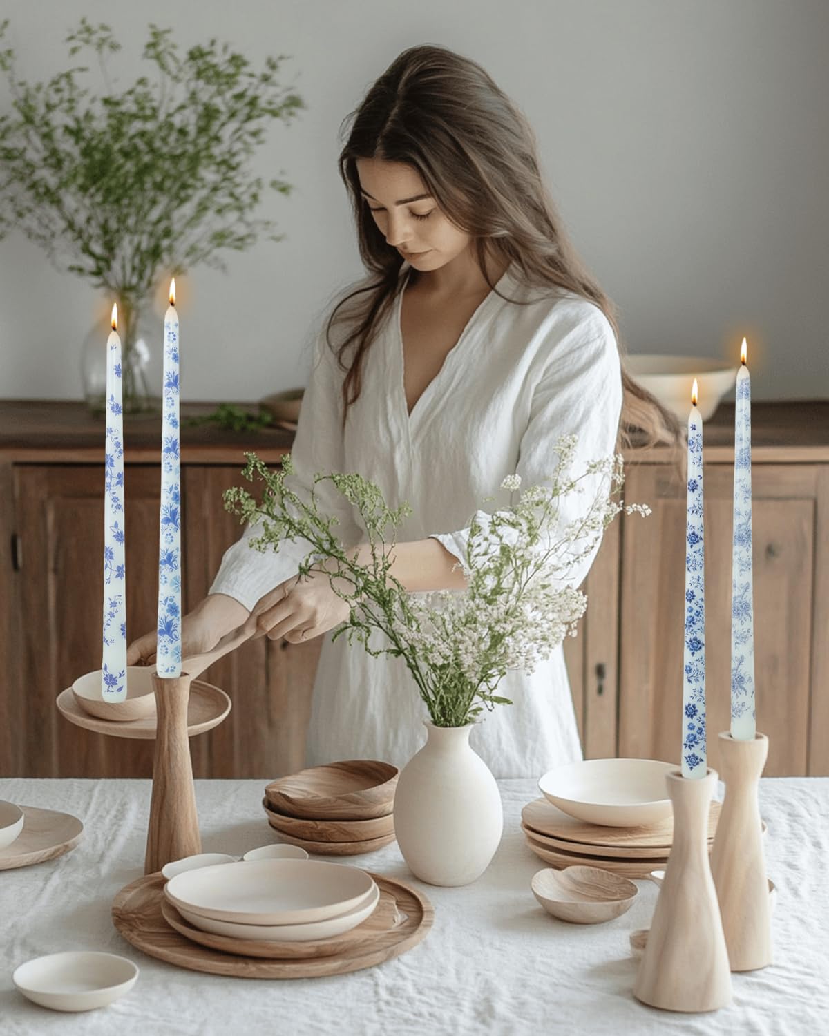 LPUSA 12inch Blue and White Porcelain Long Taper Candlesticks Chinoiserie Dripless Candle Decorations Unscented Taper Candles for Party Gift Home Decor-12 pcs