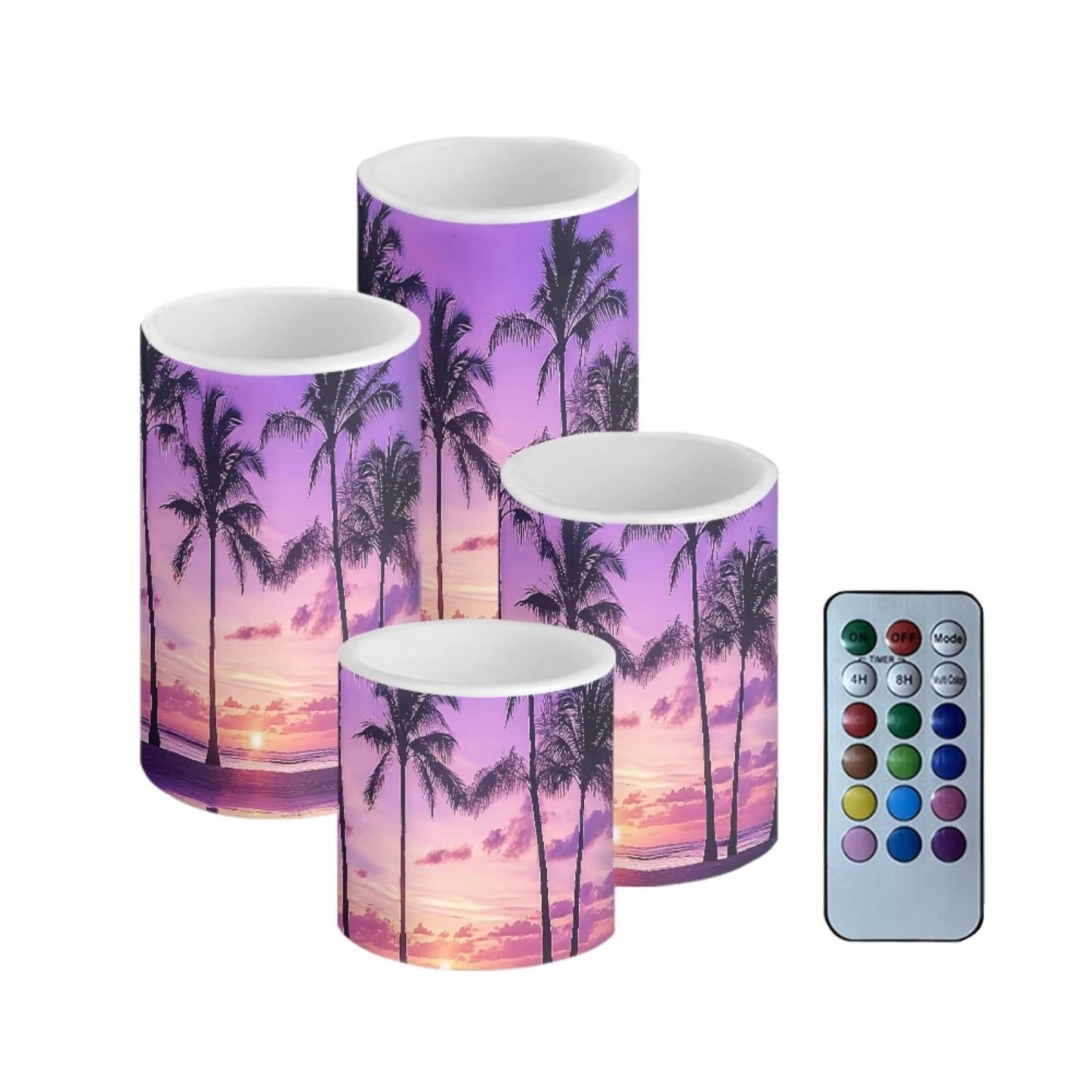 NETILGEN Tropical Palm Trees Purple Sunset LED Flickering Pillar Candles for Home Decor 4 Packs Flameless Candles with Remote and Timer