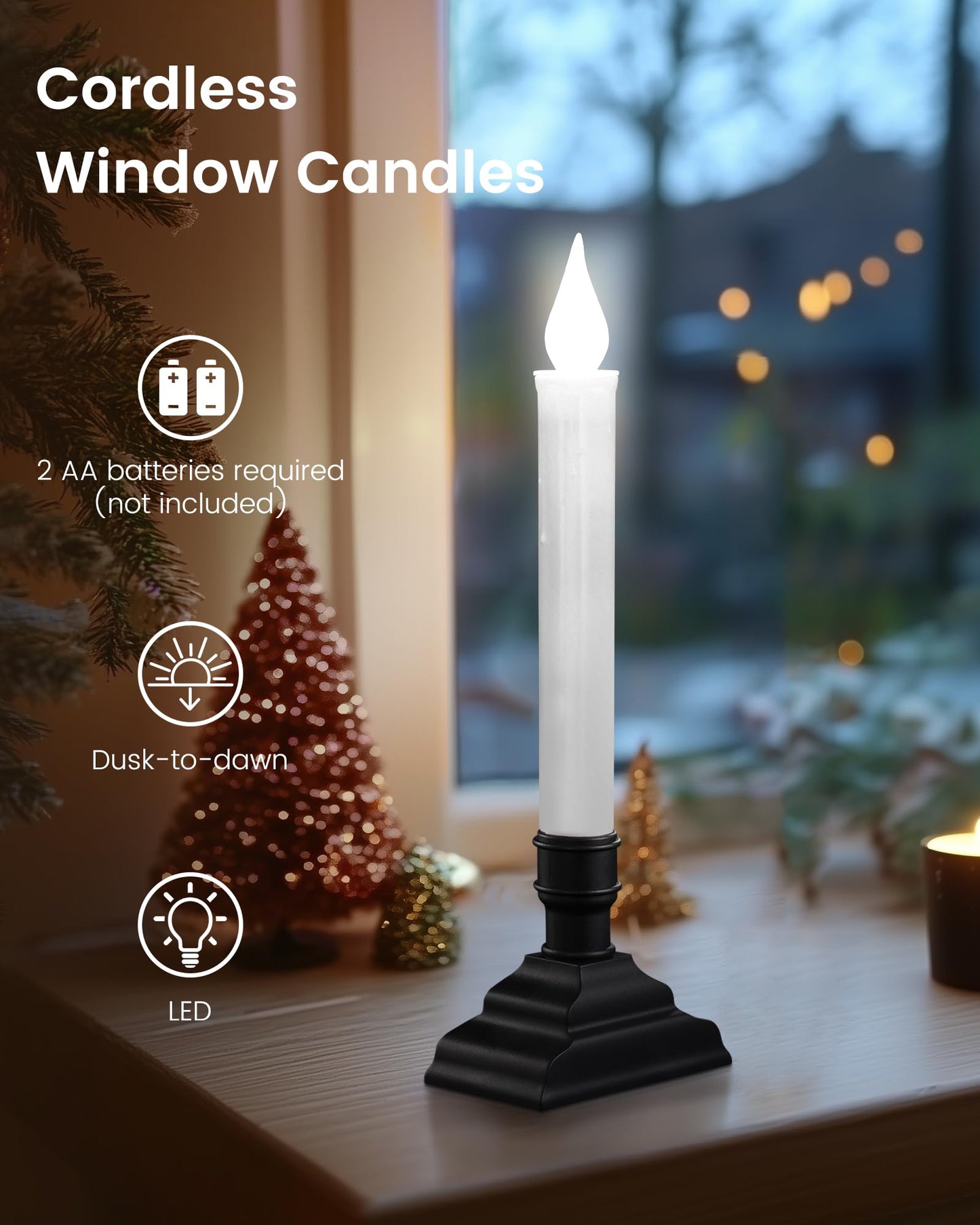 SURAIELEC Battery Operated Christmas Window Candles, Dusk-to-Dawn Window Candle, Flickering Cool White LED Candles for Windows, 1.7‘’ Narrow Base for Windows, Mantels, Dining Tables, Black, 4-Pack