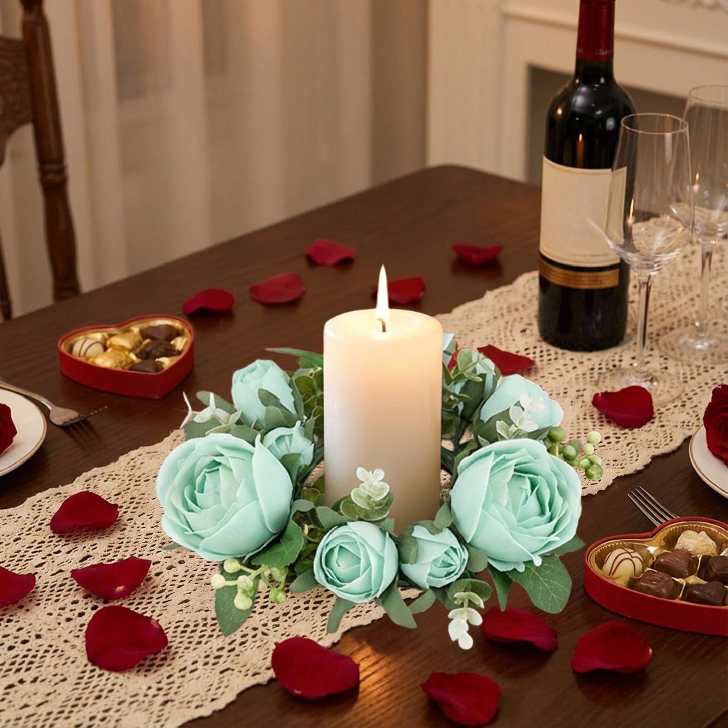 Artificial Rose Candle Rings Wreath Mini Floral Wreaths Pillar Candle Holder with Blooming Flowers and Green Leaves for Wedding Party Home Table Centerpieces Decor (Blue)