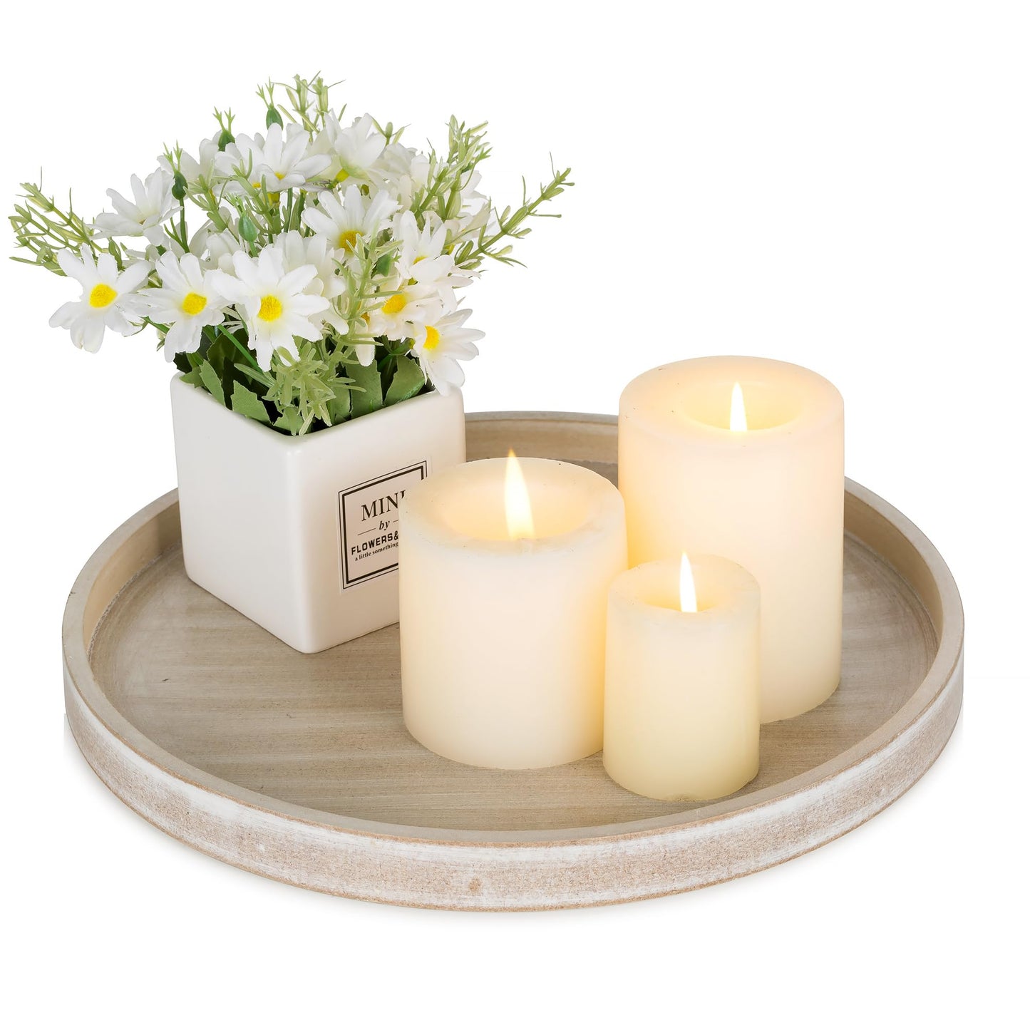 Hanobe Candle Plate Holder Tray: Whitewash Round Wood Candle Plate Decorative Centerpiece Small Tealight Pillar Trays for Living Room Dining Coffee Table Home Decor