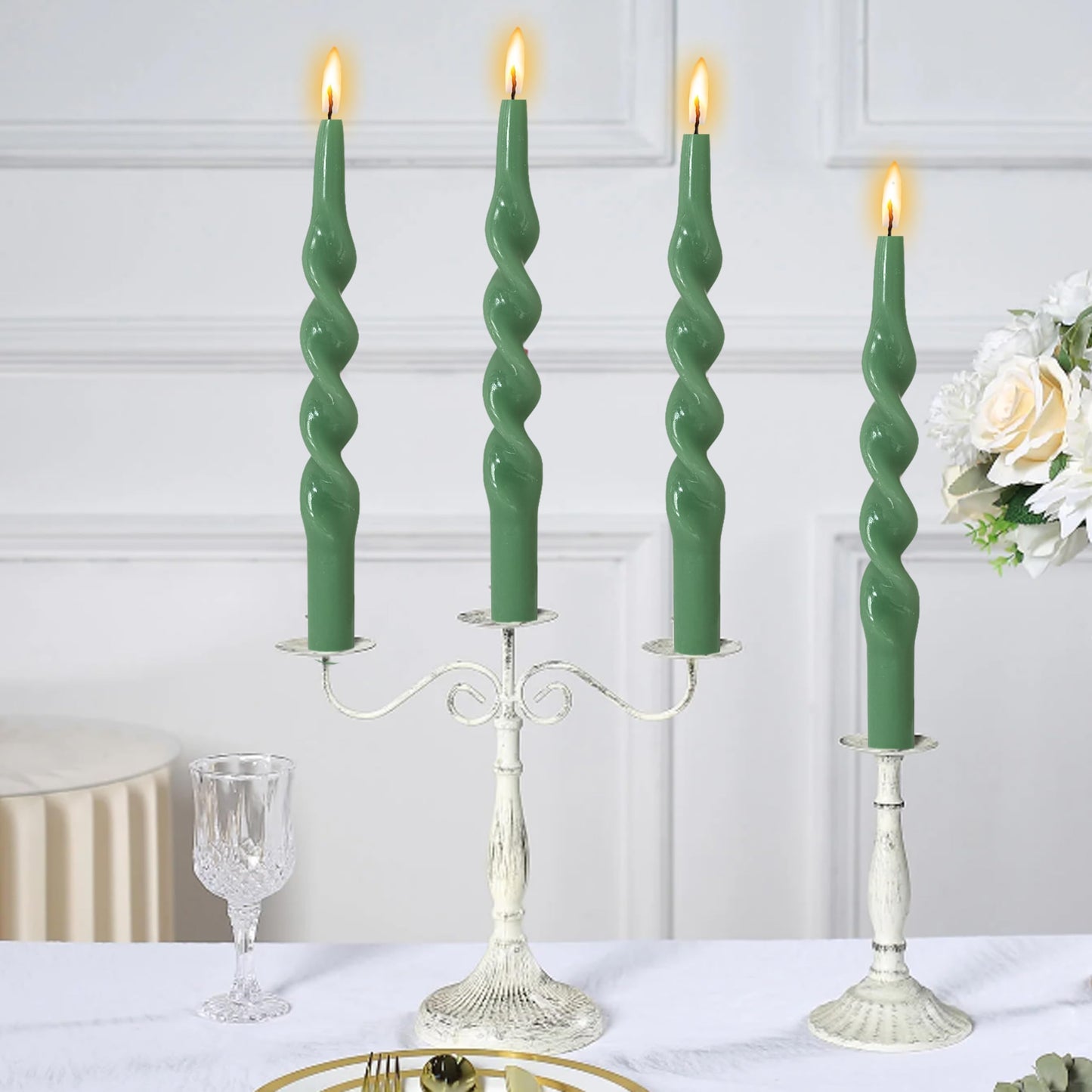 10 Inch Spiral Taper Candles Candlesticks Handmade Set of 4 Unscented Long Candlesticks Tapered Candles Twisted Candle for Wedding Yoga Home Decoration(Green)
