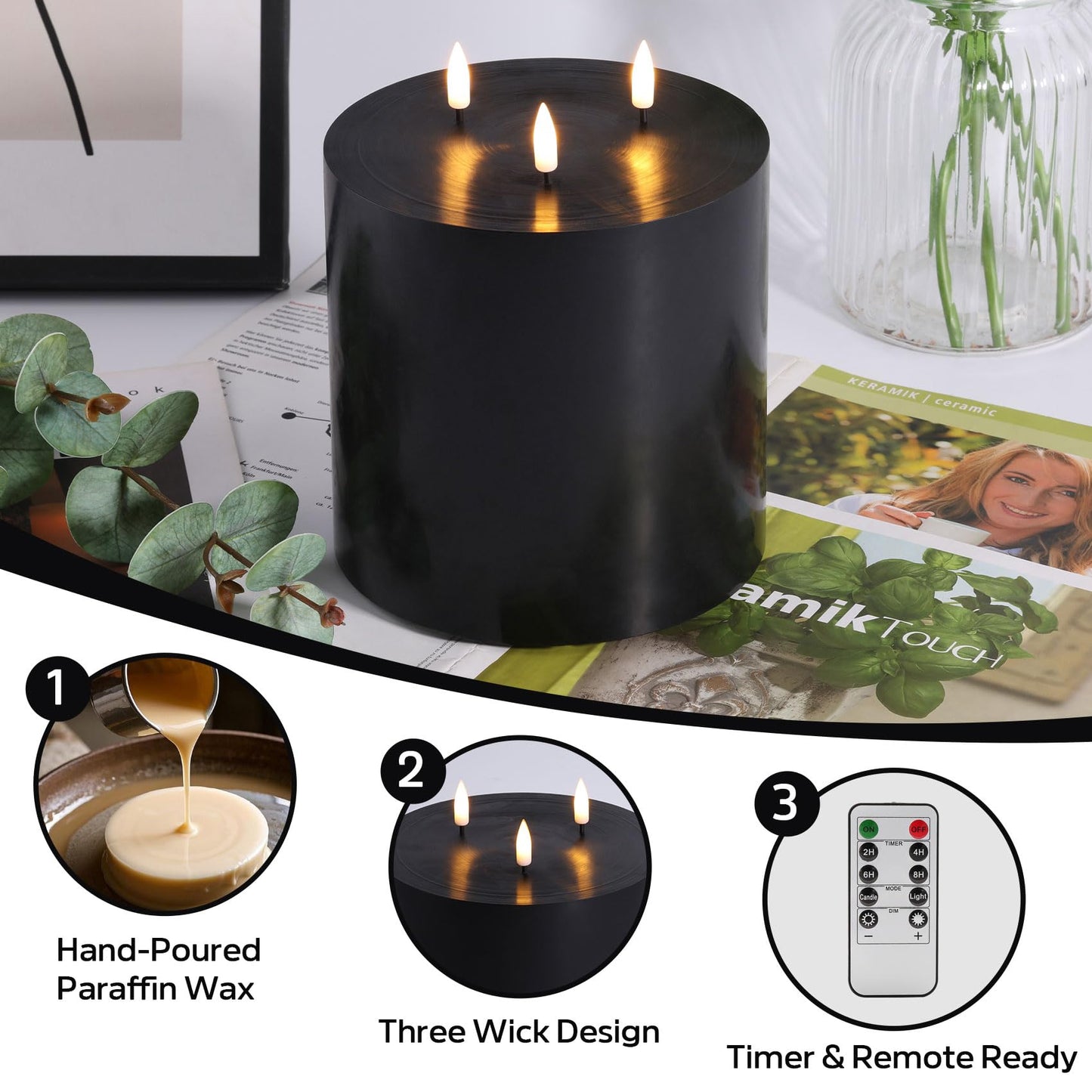 Eywamage 3 Wick Black Flameless Pillar Candle with Remote, Flickering Large Battery LED Wax Candle Φ 6" H 6"