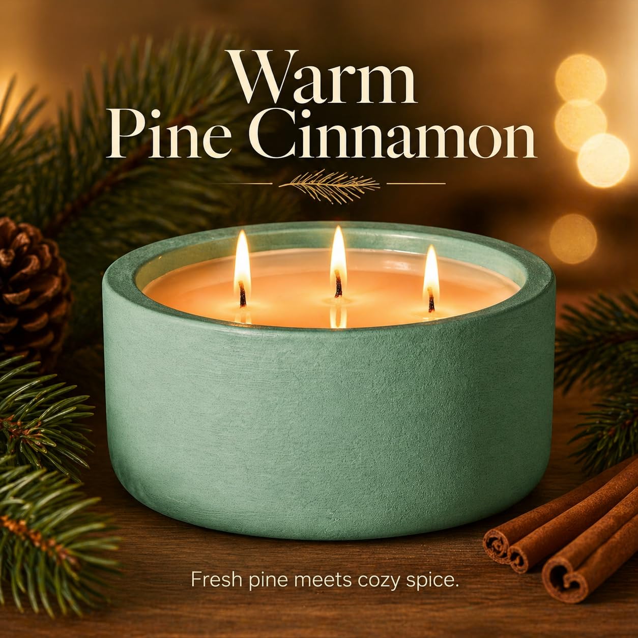 Viyffo 3 Wick 20oz Large Green Scented Candle – Pine & Cinnamon, Non Toxic Soy Candle for Women & Men, Matte Ceramic Jar, Perfect Luxury Home Fragrance, Elegant Décor & Premium Gift