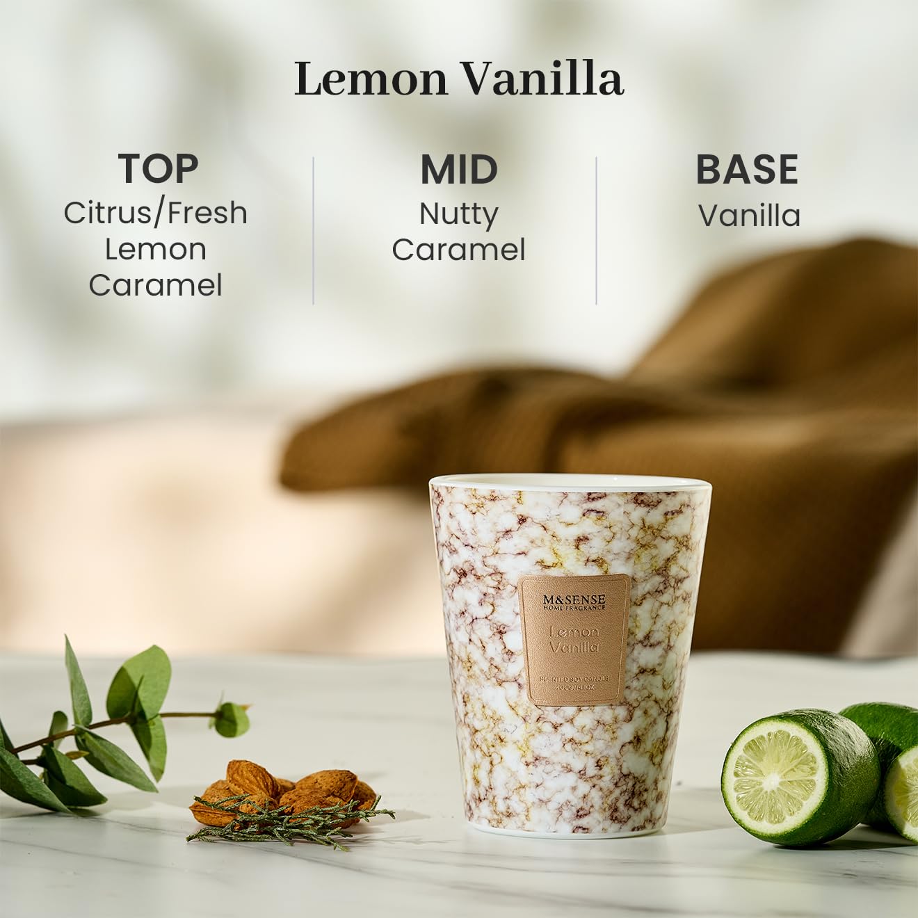 M&SENSE Lemon Vanilla Scented Soy Candle, 3 Wick Highly Scented 14.1 Oz 75H, Aromatherapy Christmas Gift for Women and Men