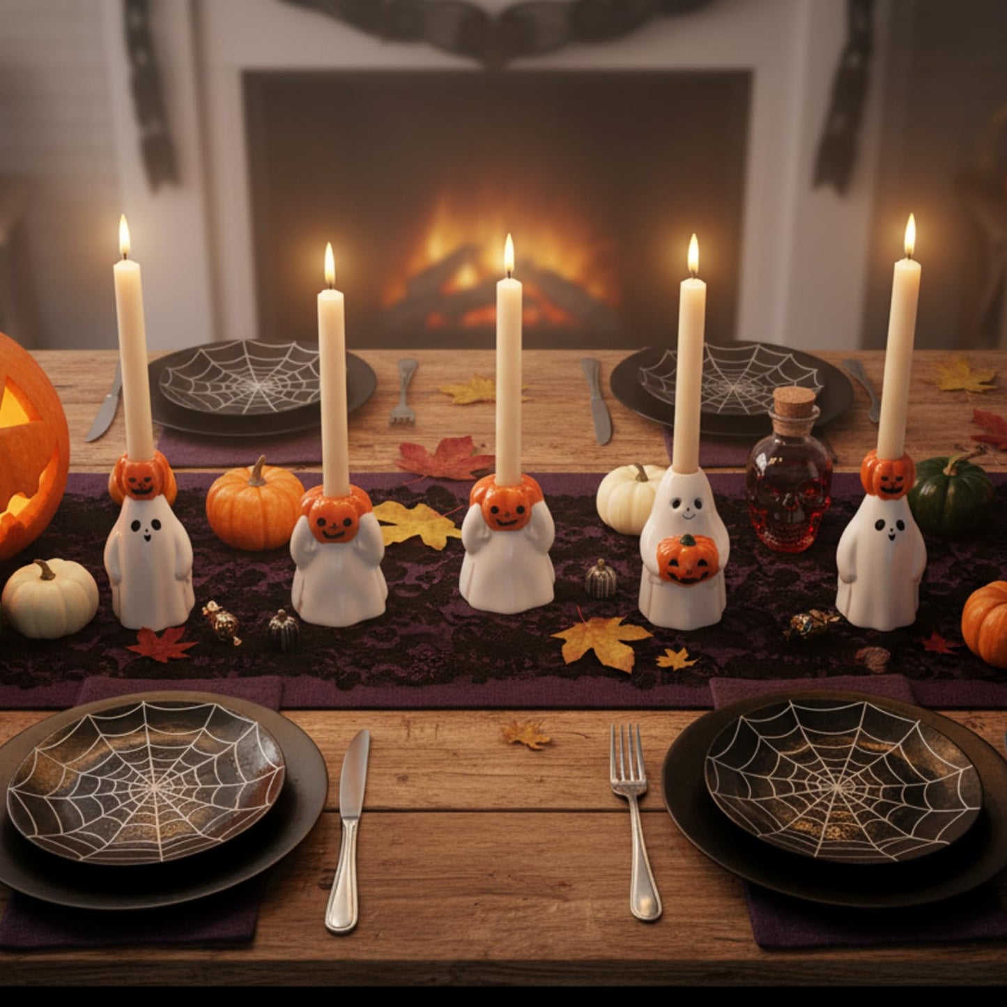 LemonRoad 6 Pcs Halloween Taper Candle Stick Holder Ceramic Ghost Holding Pumpkin Candlestick Holder Bulk Cute Halloween Decor Indoor Ghost Figures for Party Favors Gifts Table Centerpieces
