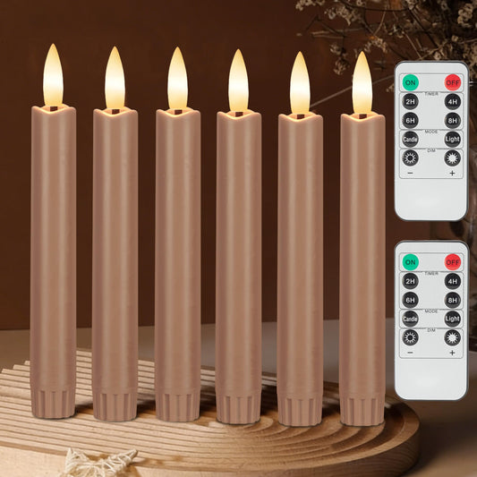 AFINETH Brown Flameless Taper Candles with Remote, Short Battery Operated LED Candles, 6.4inch Flickering Flameless Candlesticks for Table Centerpiece, Farmhouse, Mantel, Window Decor, Set of 6