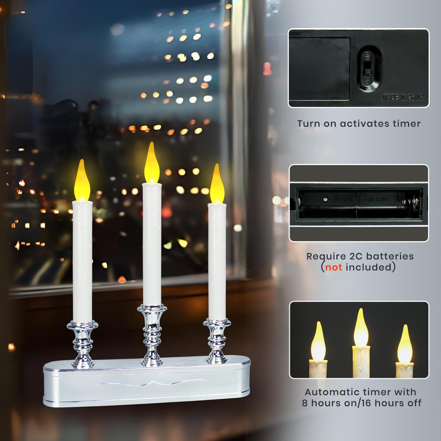 Window Candles Battery Operated with Timer 8 Hours on and 16 Hours Off Led Warm White with Flicker Flame