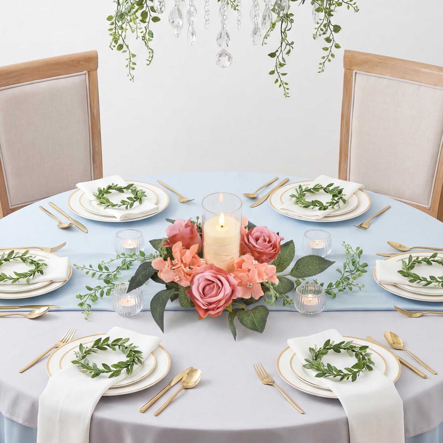 UUXX 4pcs Flower Candle Rings Wreaths, Silk Roses Hydrangea Artificial Flowers Candle Wreaths Rings for Table Centerpieces Wedding Valentine's Day Party Decor(Dusty Pink)