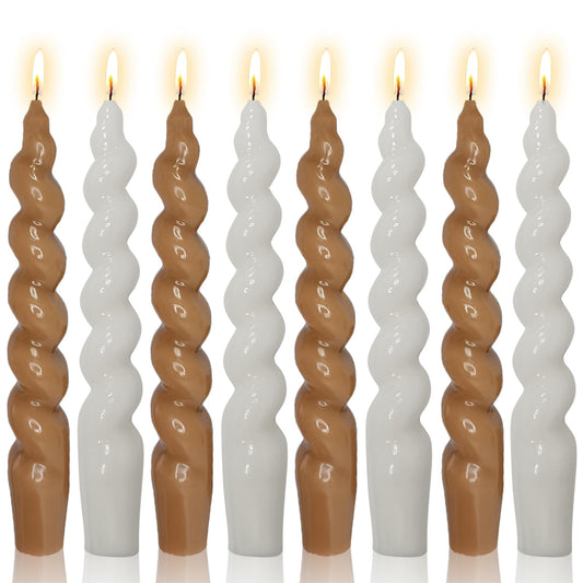 Gedengni Brown and White Taper Candle Brown Candlestick,8pcs Cute Candle Sticks Short Twisted Candlesticks Fancy Tapered Candles for Home Décor Weddings Holiday Women Gifts