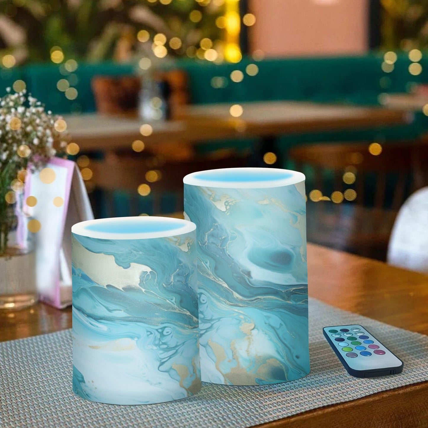 BOENLE Flickering Flameless Candles, Turquoise Blue Marble Texture LED Candles with Remote Timer, Set of 2 Battery Operated Candle for Valentine Wedding Birthday