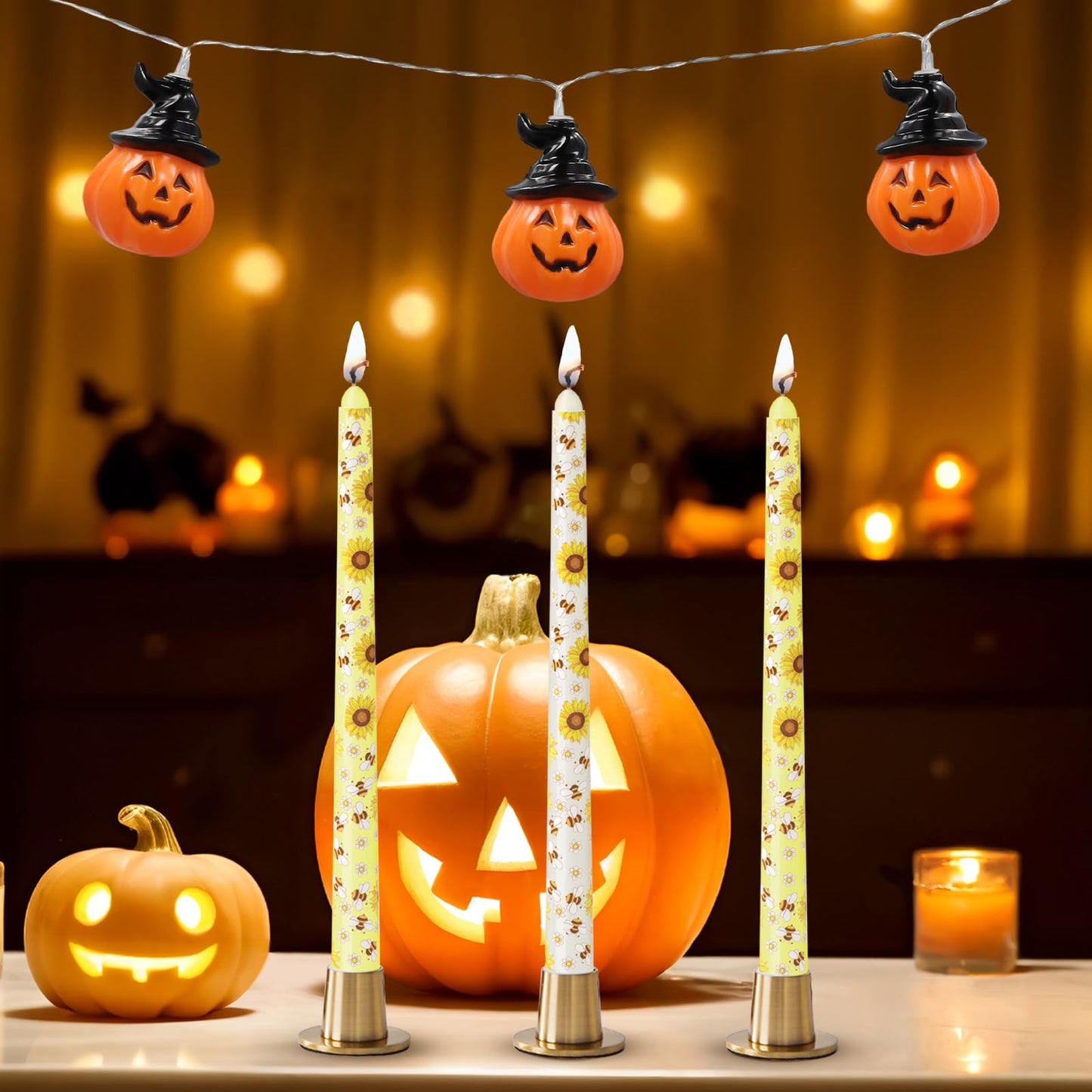 4Pack 10 Inch Print Taper Candles for Halloween and Fall Harvest, Unscented Dripless Candlesticks for Dinner Party Thanksgiving Sport Event and Home Decoration