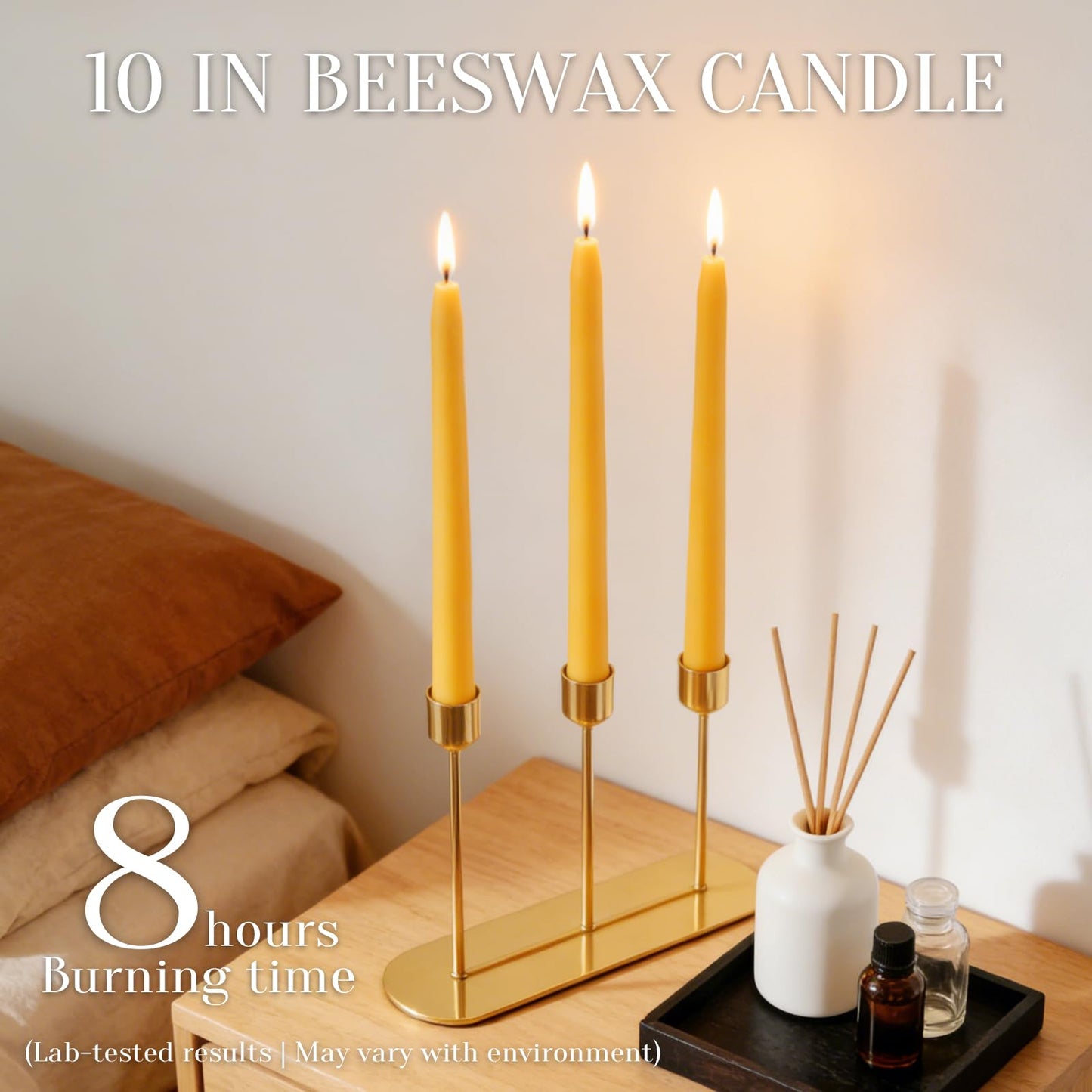 10 inch Natural Beeswax Taper Candles 4 Pack - Dripless Candle 100% Pure Unscented Beeswax, 8 Hours Long Burning Time -Yellow