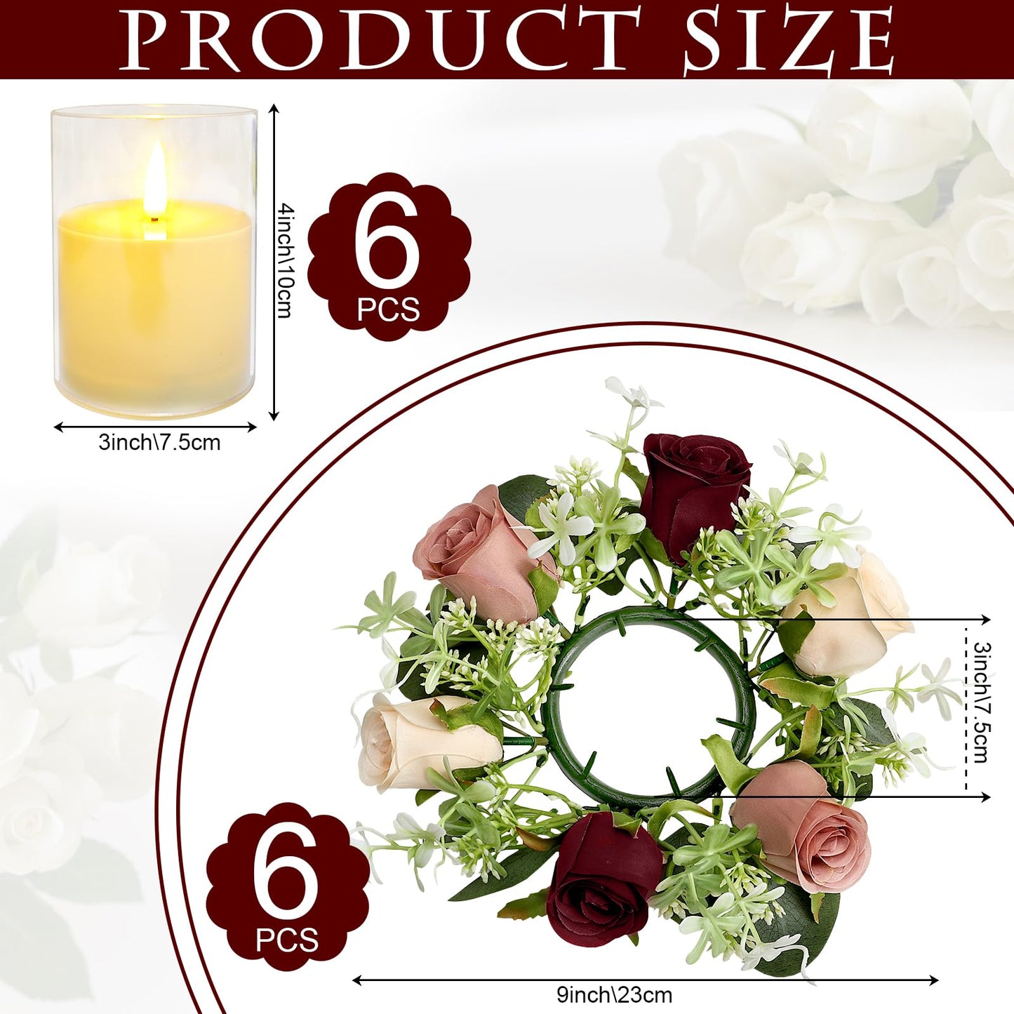 Tobilu 6 Sets Rose Candle Rings Wreaths - Artificial Flowers Rings with Green Leaves LED Flameless Candles for Centerpiece Wedding Home Banquet Party Decor, Burgundy Pink Champagne