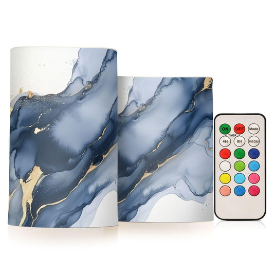 WEVIBOFU Blue and Gray Gold Marble Flickering Flameless Candles LED Battery Operated with Remote Timer Pillar Candles for Home Birthday Wedding Christmas Decor, Set of 2