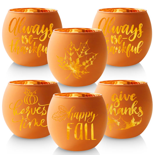 WDHODEC Thanksgiving Candle Holders 6 Pieces Orange Pumpkin Glass Votive Candle Holder for Fall Wedding, Party, Table Centerpiece Décor Thanksgiving Decorations Indoor and Outdoor
