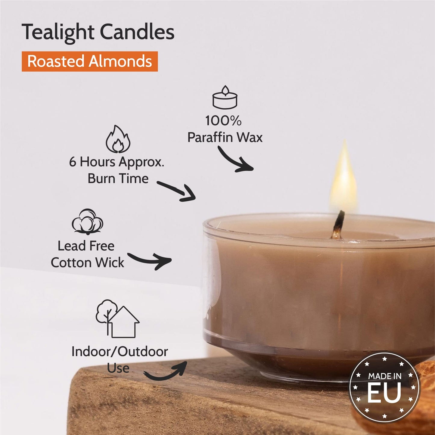 HYOOLA Scented Tealight Candles - Clear Cup - Roasted Almonds Tealight Candles Scented - 6 Hour Burn Time - 15 Pack - European Made