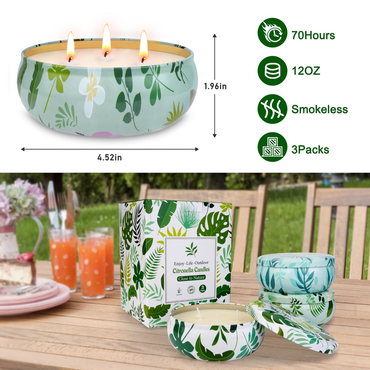 Citronella Candles Outdoor, 3-Wick Large Citronella Candles for Patio, 3 Packs Natural Soy Wax Summer Candle Set, 200 Hours Long Lasting Burning Lemongrass Scented Candle for Garden Balcony Camping