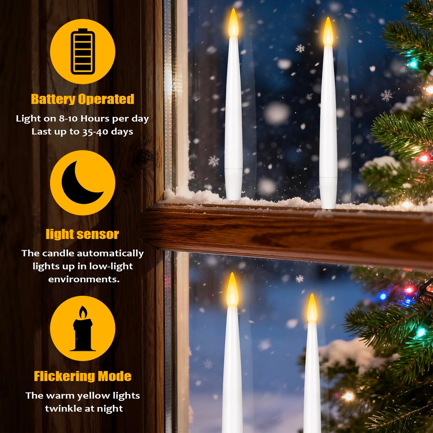 6.1" x 0.5" Window Candles with Sensor Dusk to Dawn, 14 Pcs Ivory Flameless Taper Candle with Dimmer Battery Operated with Nano Adhesive lasts up to 200+ Hours for XMas, Halloween Decor and Holiday