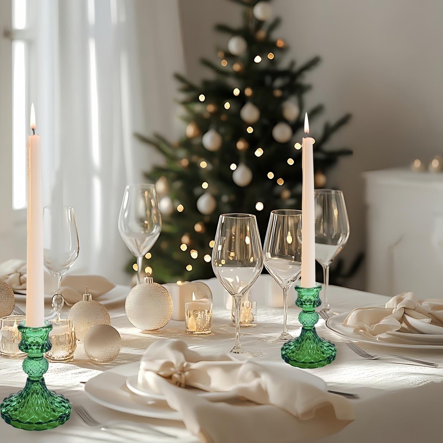 ECHFSM Glass Candlestick Holder,Striped Taper Candle Holders,Set of 6 Candle Stand for Table Centerpieces, Home Decor,Weddings,Festival and Parties (Green Dimond Pattern)