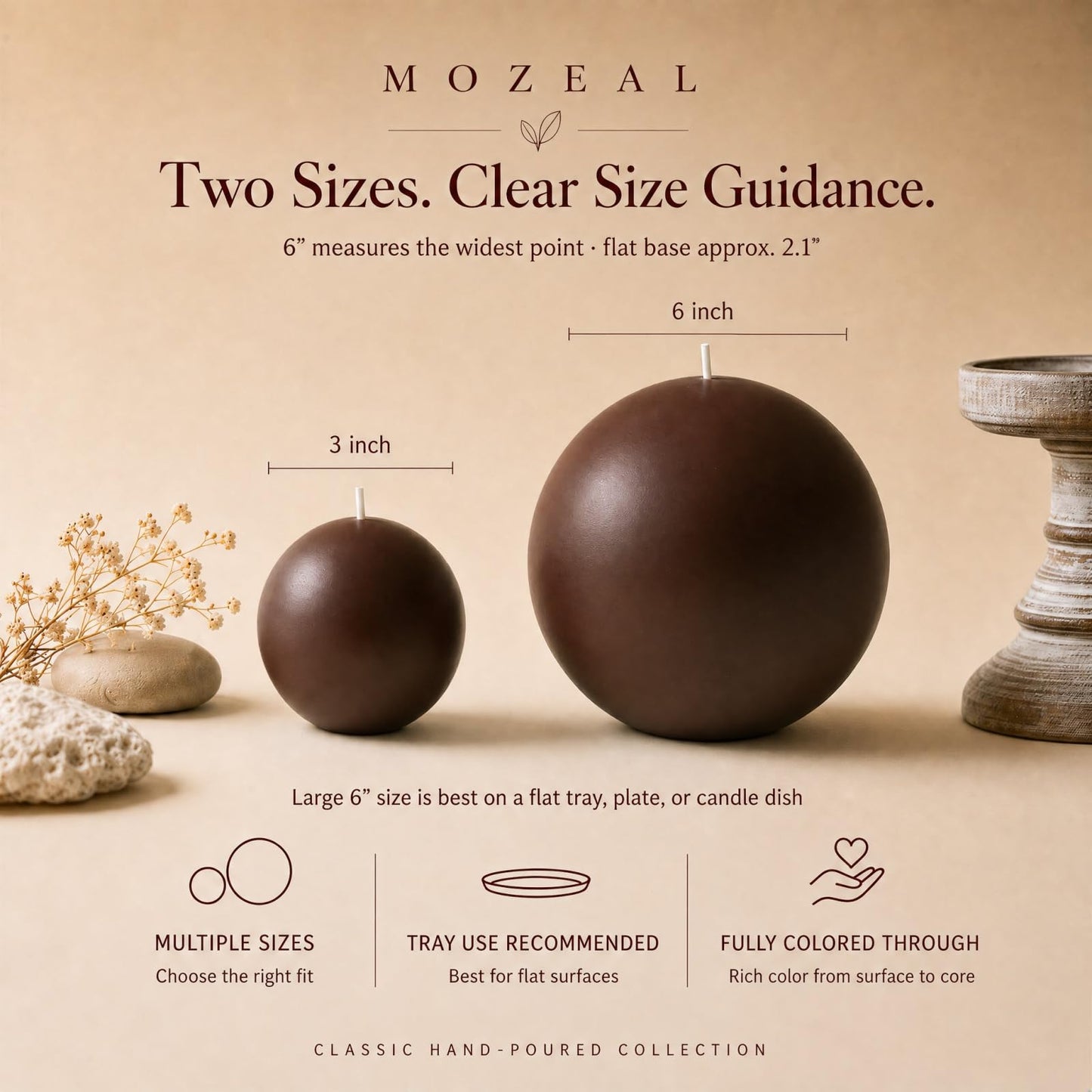 MOZEAL Hand-Poured, 3 Inch Brown Round Ball Candles - Elegant Brown Round Pillar Candles Set of 3, Dripless, Unscented, Smokeless, Ideal for Autumn Gatherings.