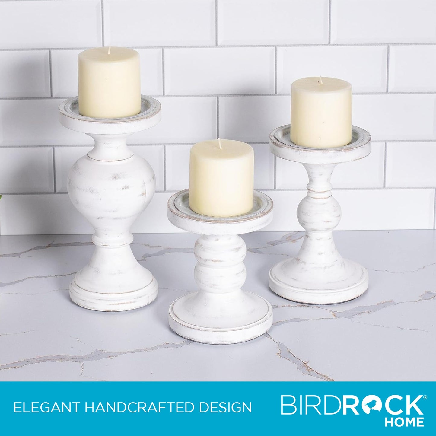 BIRDROCK HOME 3pc Pillar Candleholders - Whitewash - Farmhouse Decor - Wooden Candle Holders - Table Centerpiece - Stand