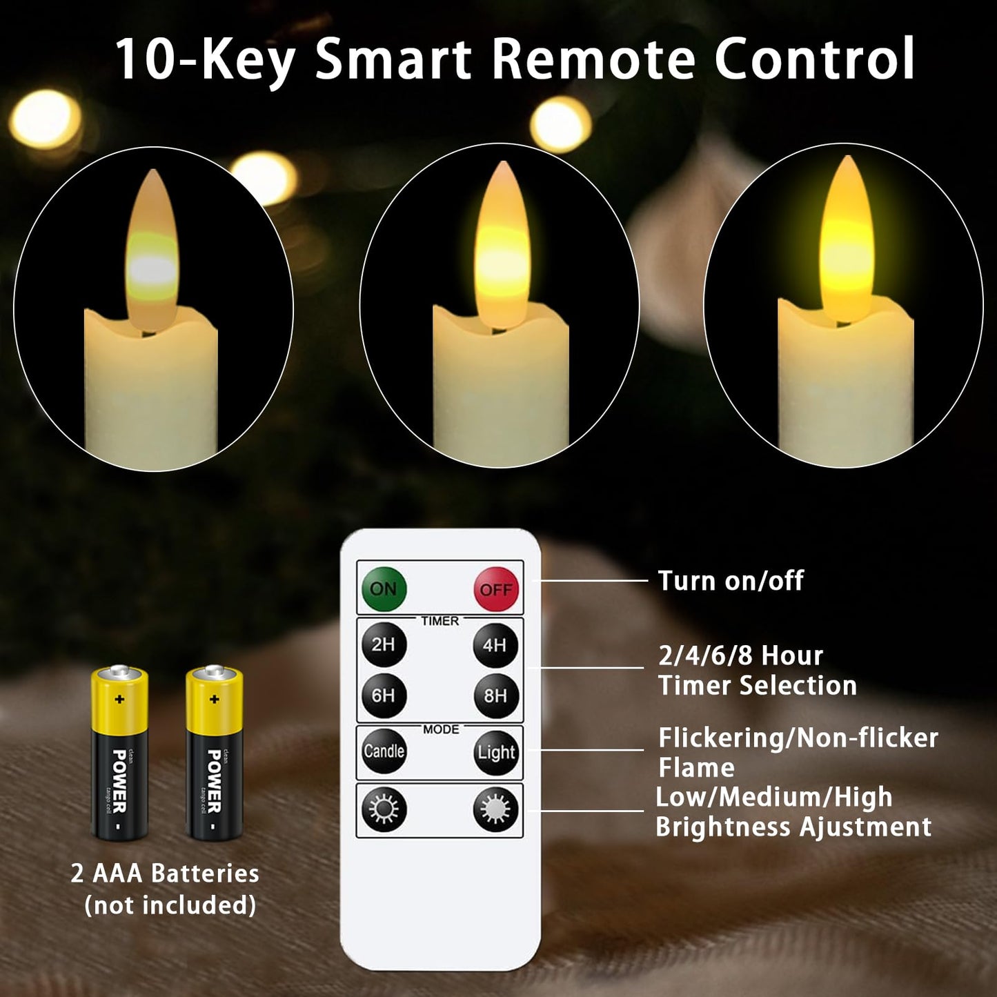 KSWING 2 PCS Upgraded Real Wax LED Flameless Taper Candles with Remote, White Candlesticks Battery Operated Flickering - 9.6” Long Realistic Fake Candle Sticks for Home/Wedding/Fireplace Xmas Decor