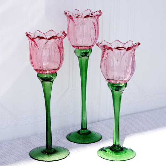 VOHO Pink Tulips Candle Holder, Romantic Pink Flower Votive Candle Holders for Wedding Bridal Shower Decorations, Tall Tealight Candle Holder Decor for Centerpiece Table(Set of3)