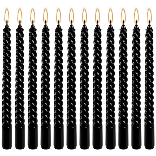 WPONSZU 10 Inch Black Spiral Taper Candle Set, 12 Pack Unscented Dripless Candlesticks for Halloween,Dinner,Party Brithday Wedding and Home Decoration