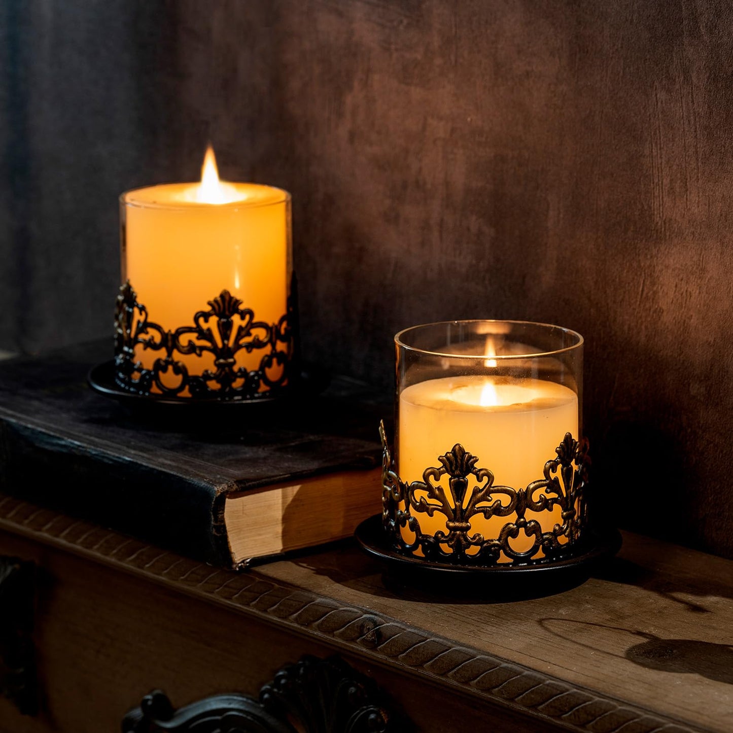 Woparty Vintage Gothic Glass Hurricane Candle Holders, Black Metal Base with Gold Accents, Clear Glass Sleeve, 4.3x4 Inch, Set of 2, for Pillar Candles