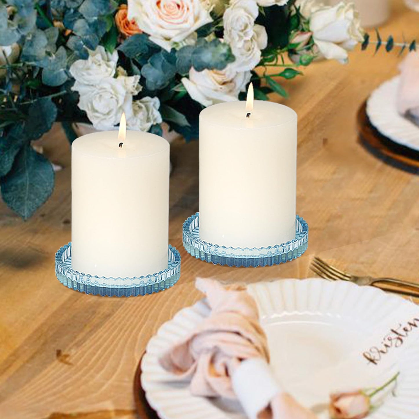 CHOCSTAY Glass Pillar Candle Holder, 4" Blue Candle Plates Set of 6, Glass Candle Holders for Wedding, Party, Holiday, Home Decor, Table Centerpiece