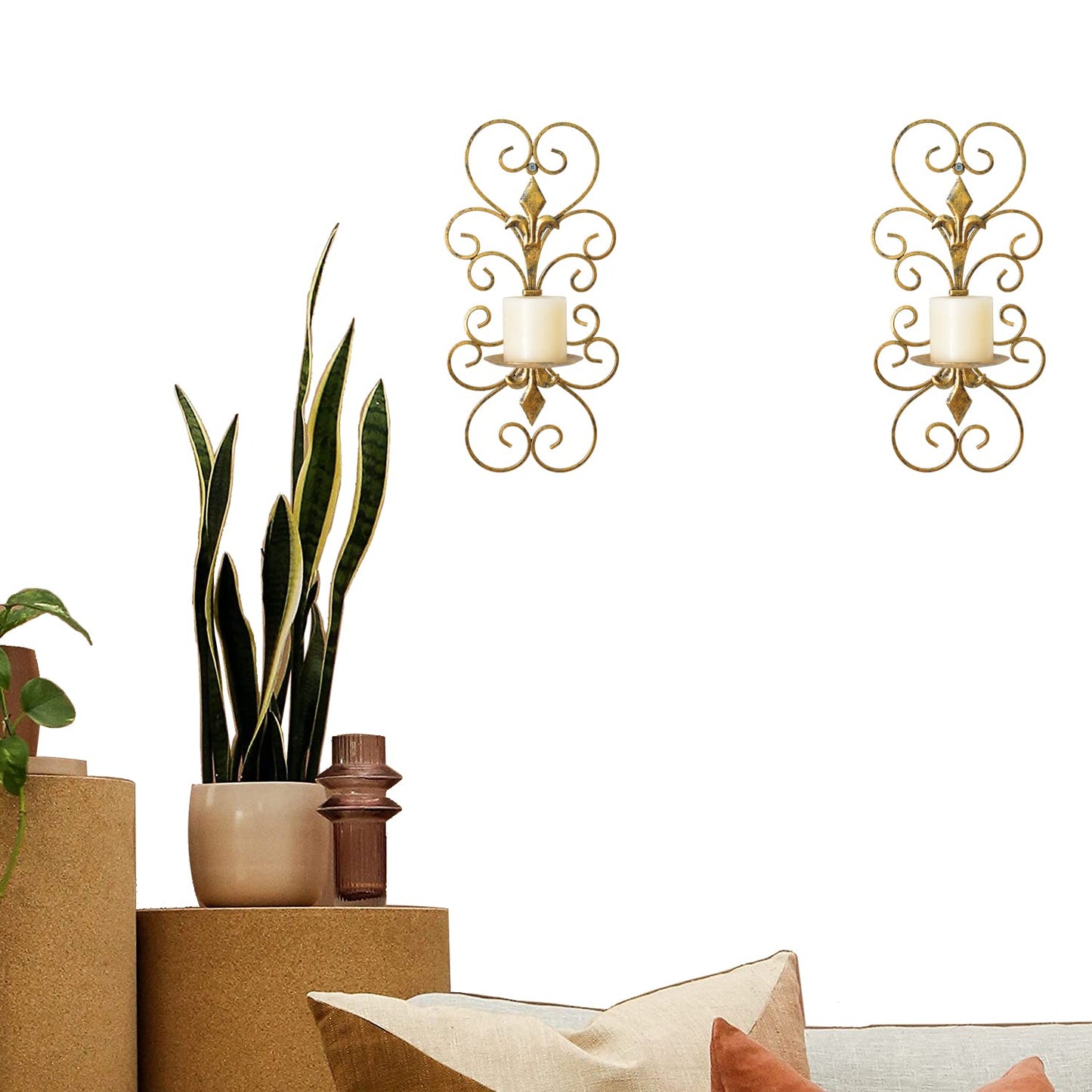 JUCONSIN Set of 2 Wall Sconces Candle Holders Metal Wall Decoration Hanging Wall Mounted Candle Sconces for Home Decor Bedroom Dining Room, Antique Gold