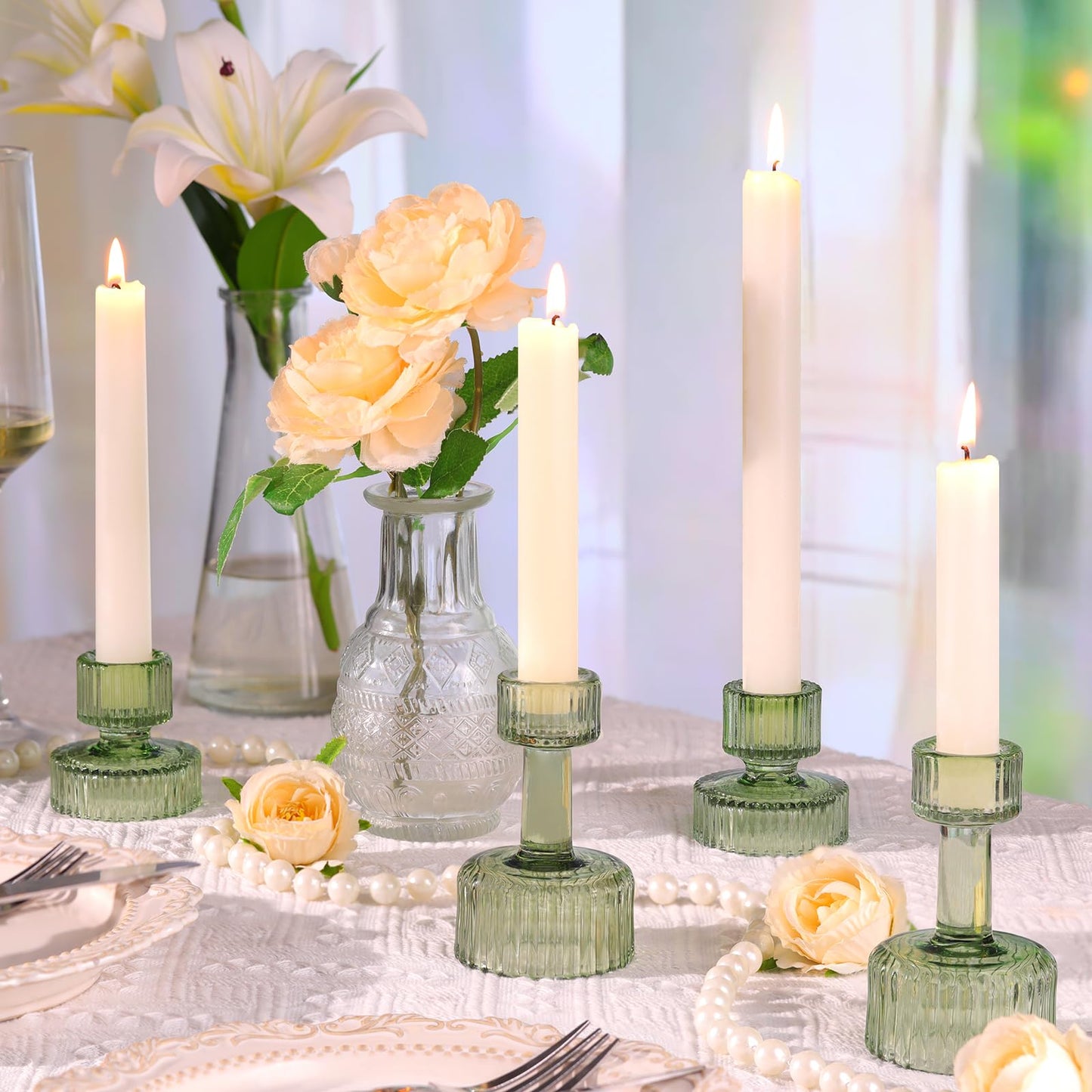 Lanttu Green Glass Taper Candle Holders Set of 6 Candlestick Holders Bulk Combination Candle Holders Crystal Candle Holders for Wedding, Table Centerpiece, Home Decoration
