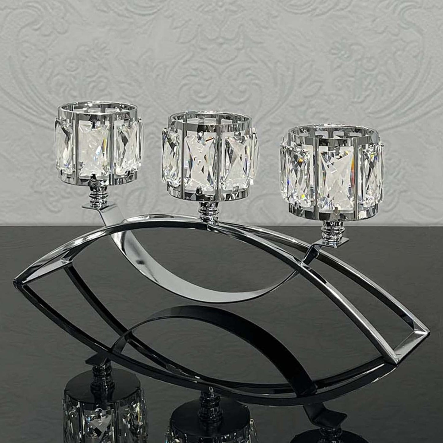 KEHAIL 3 Arms Crystal Candle Holders, Arch Candlestick Table Candelabras Centerpieces for Wedding, Dinning Room, Cabinet Ornaments, Home Decoration， Gift (3-arm Arched, Silver)