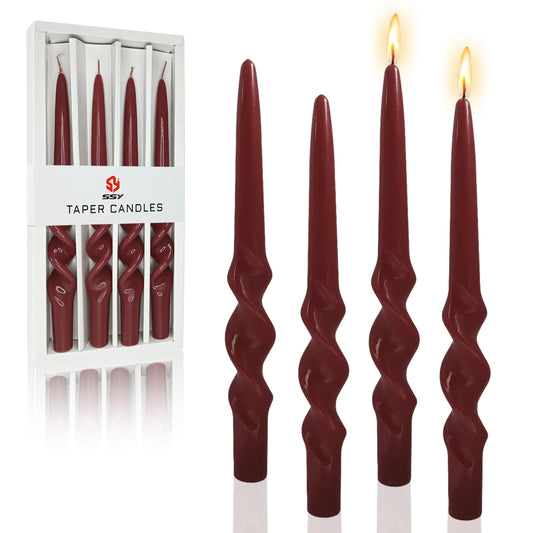 FCMSHAMD Handmade Spiral Taper Candles - Unscented Long Candles Colored Wax Twisted Candle - 10 Inch Candle Sticks for Wedding Dinner Party Decoration - Set of 4(Red)
