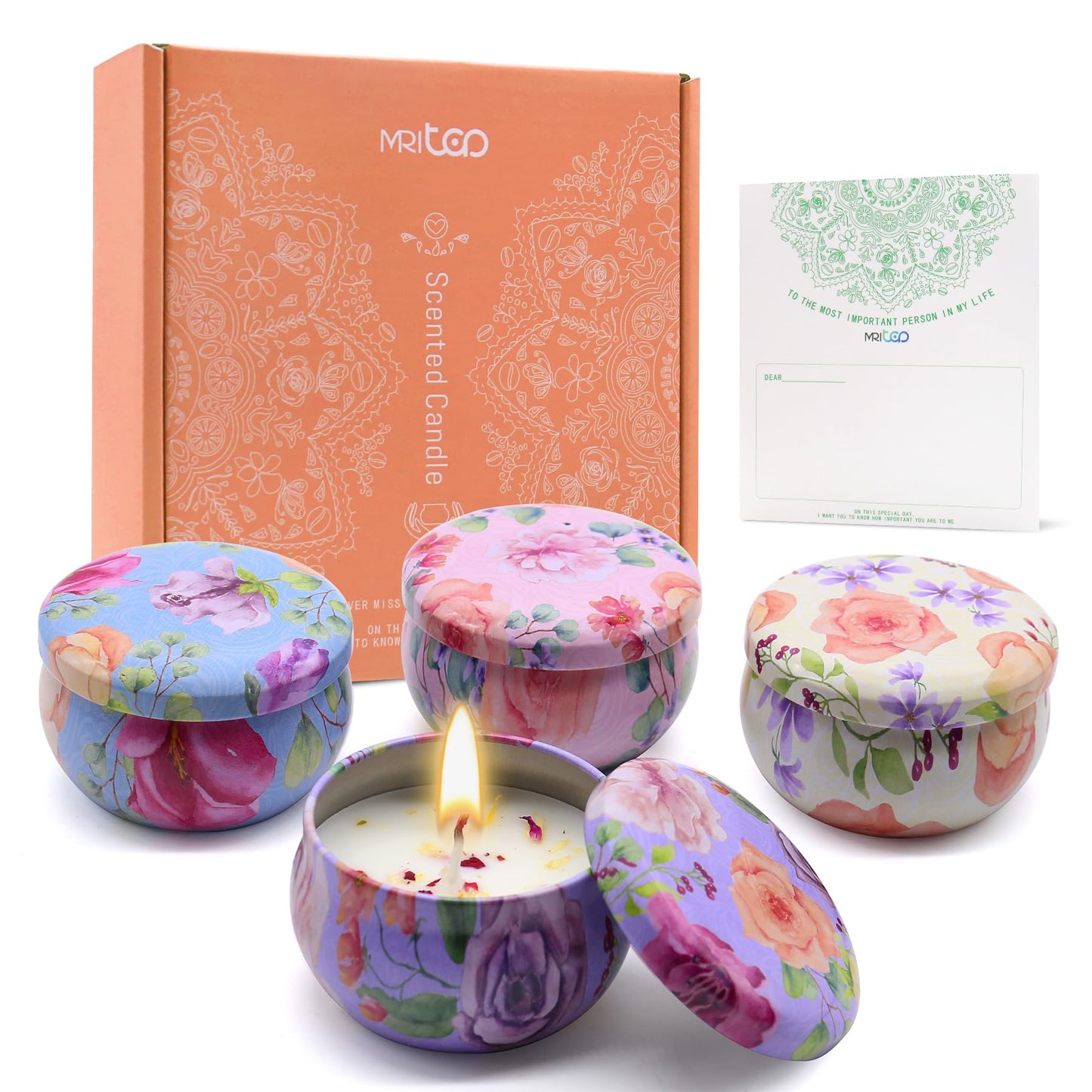 Scented Candles Gift Set for Women 4 Pack Soy Wax Candles with Dried Flowers Reusable Tin Aromatherapy Relaxation Gift for Birthday Mothers Day Valentines Day