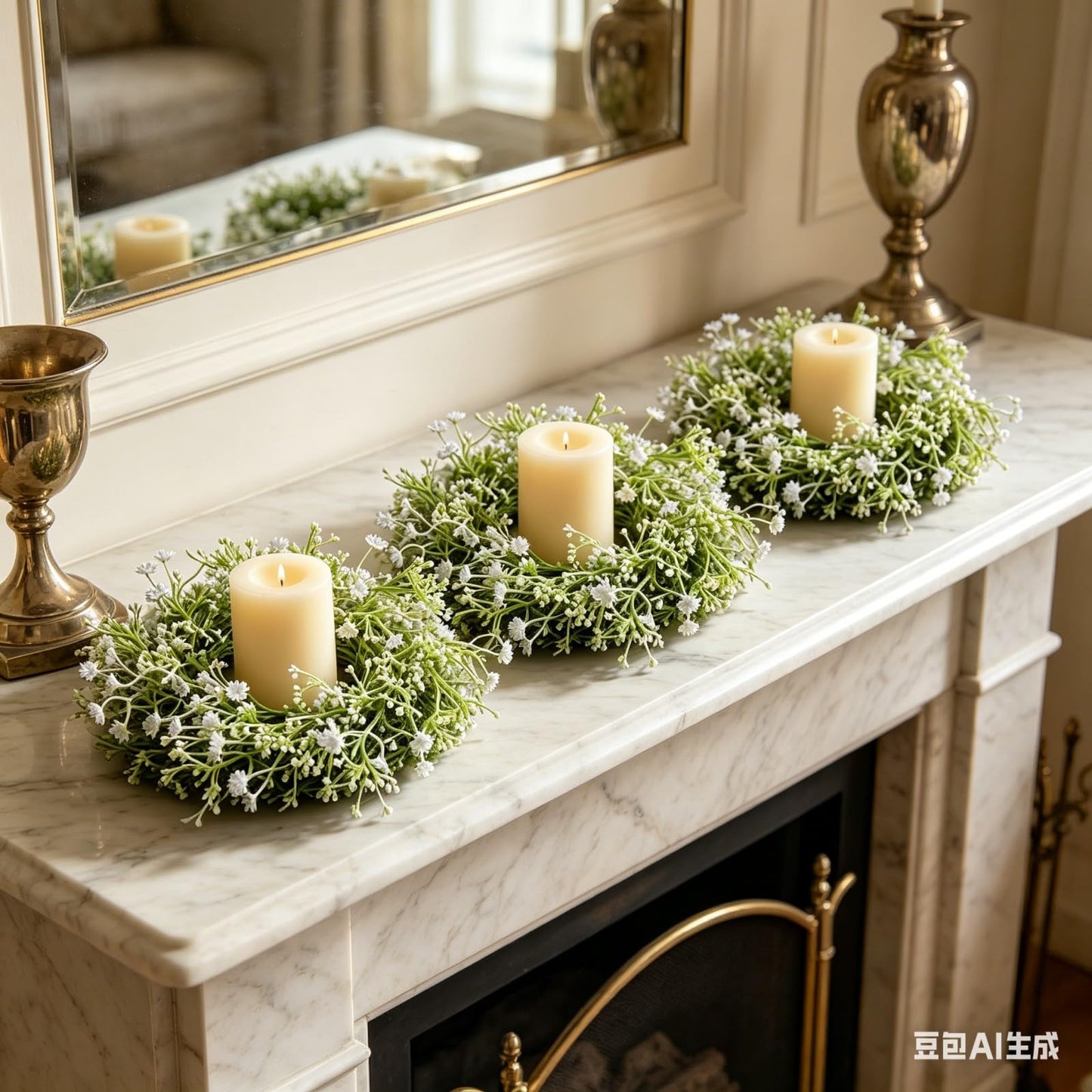 6 Pcs Mini Baby Breath Candle Rings Wreaths Gypsophila Pillar Holder Wreath Artificial Flower Spring Summer Floral Wreath for Wedding Farmhouse Porch Cabinets Table Decoration