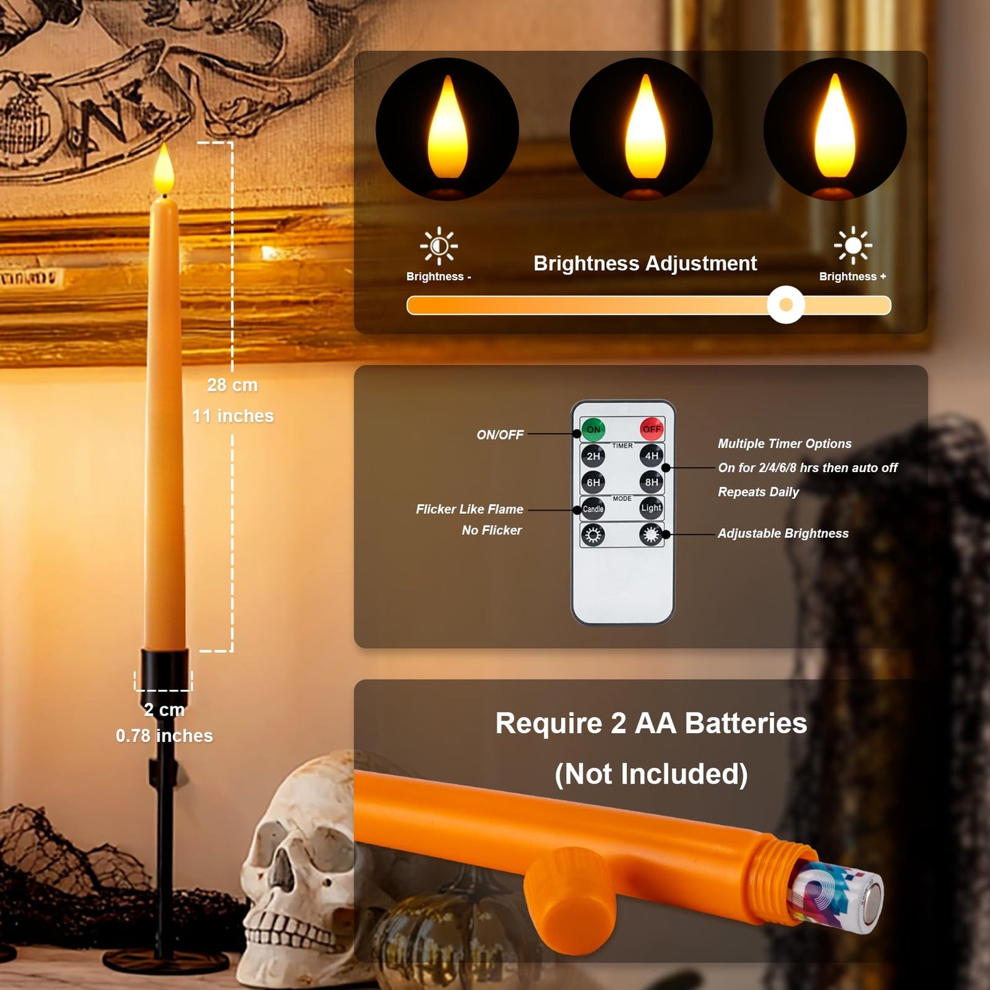 Homemory 12 Pcs Flameless Taper Candles with Remote Timer Dimmer, 11 inches Orange Taper Candles Battery Operated, Plastic LED Candlesticks with Flickering Flame for Halloween Decoration