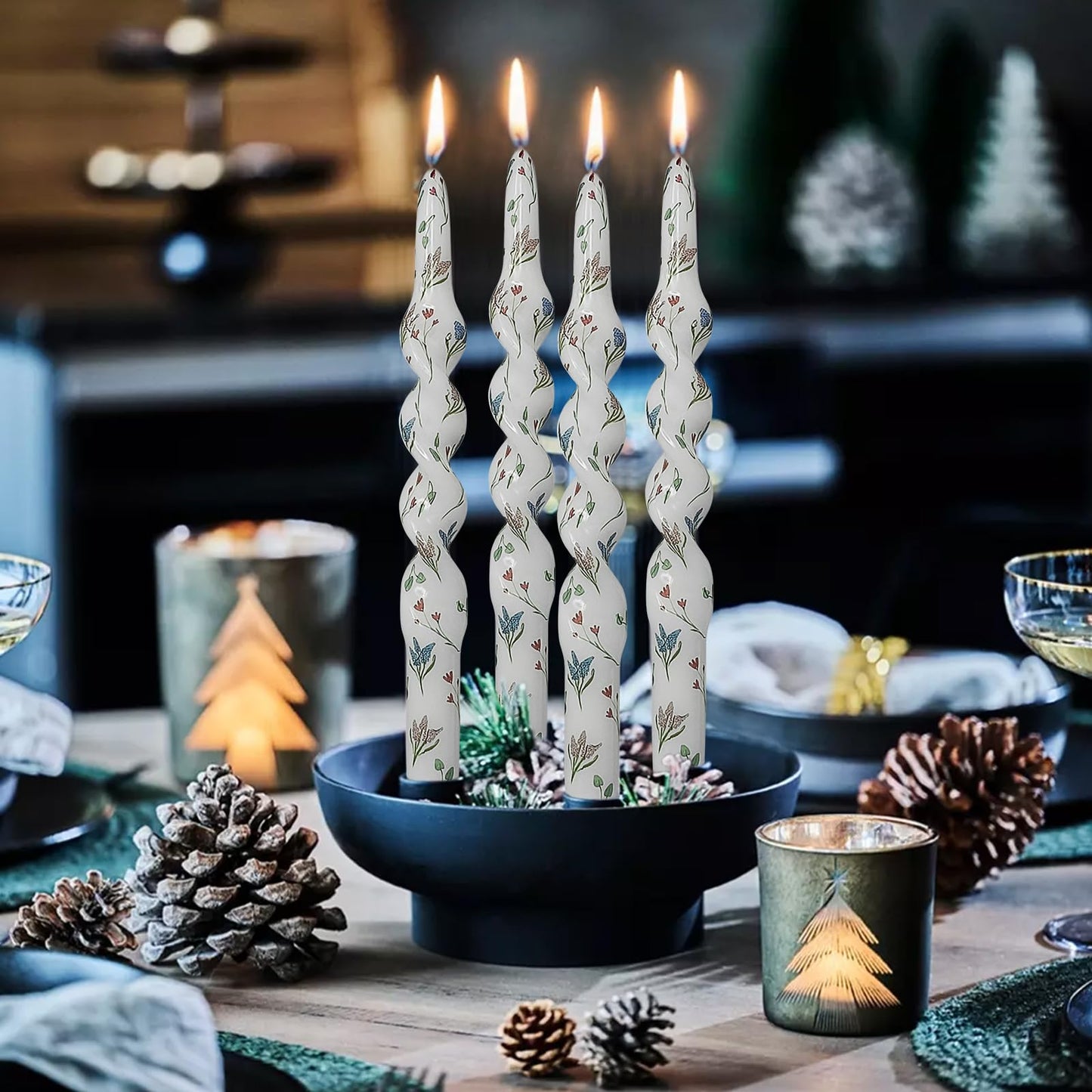 Unscented Floral Taper Candle Spiral Candlesticks - Set of 4 Trefoil Handmade Twisted Candle 10 Inch Long Candle Sticks Print Tapered Candles for Home Wedding Dinner