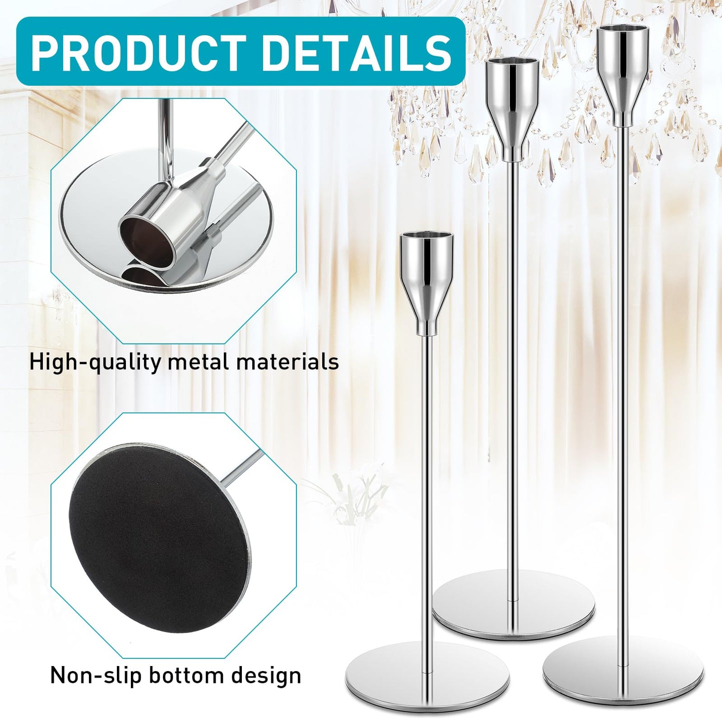Set of 18 Tall Candlestick Holders Thin Metal Taper Candle Holders for Table Centerpiece Modern Decorative Pillar Candle Sticks Stand for Home Wedding Christmas Decoration(Silver)