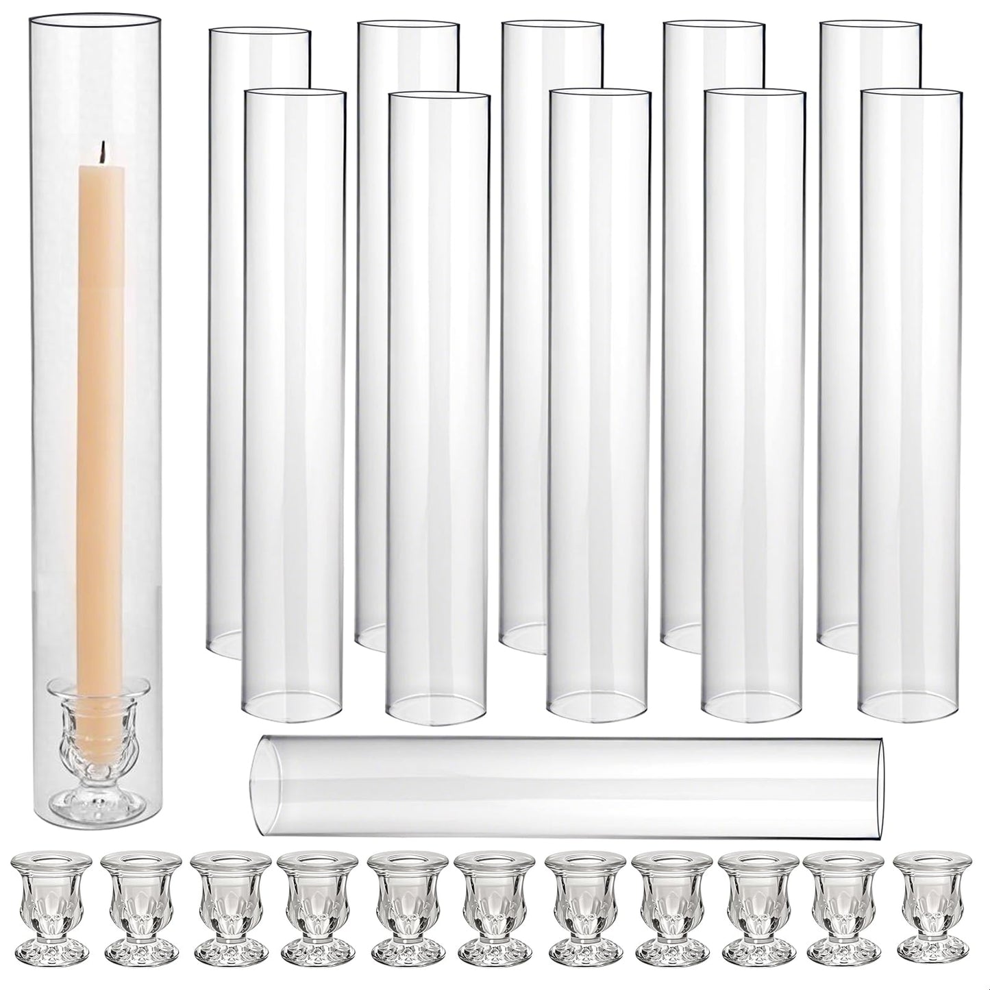 CHILL RECIPE Hurricane Glass Candle Holders-Set of 12 Tall Taper Candle Holder with 14” Tall Clear Cylinder Covers for Wedding Table Centerpiece Home Decor (Floral Base+Clear Chimney)