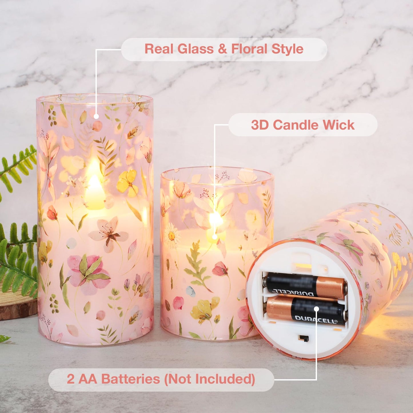 Crystal Club Flameless LED Candles with Remote Timer, Pink Floral Glass Battery Operated Candles, 3 Pack Realistic Flickering Pillar Candles for Wedding Home Centerpiece Decoration