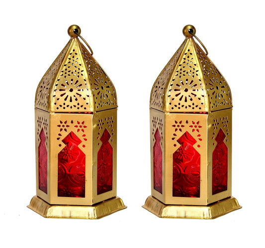 PEAKHILL_6.5"" Moroccan Lantern Red-Colored Glass Hanging Lamp | Home Decor | Tealight Holder (2 Pieces)