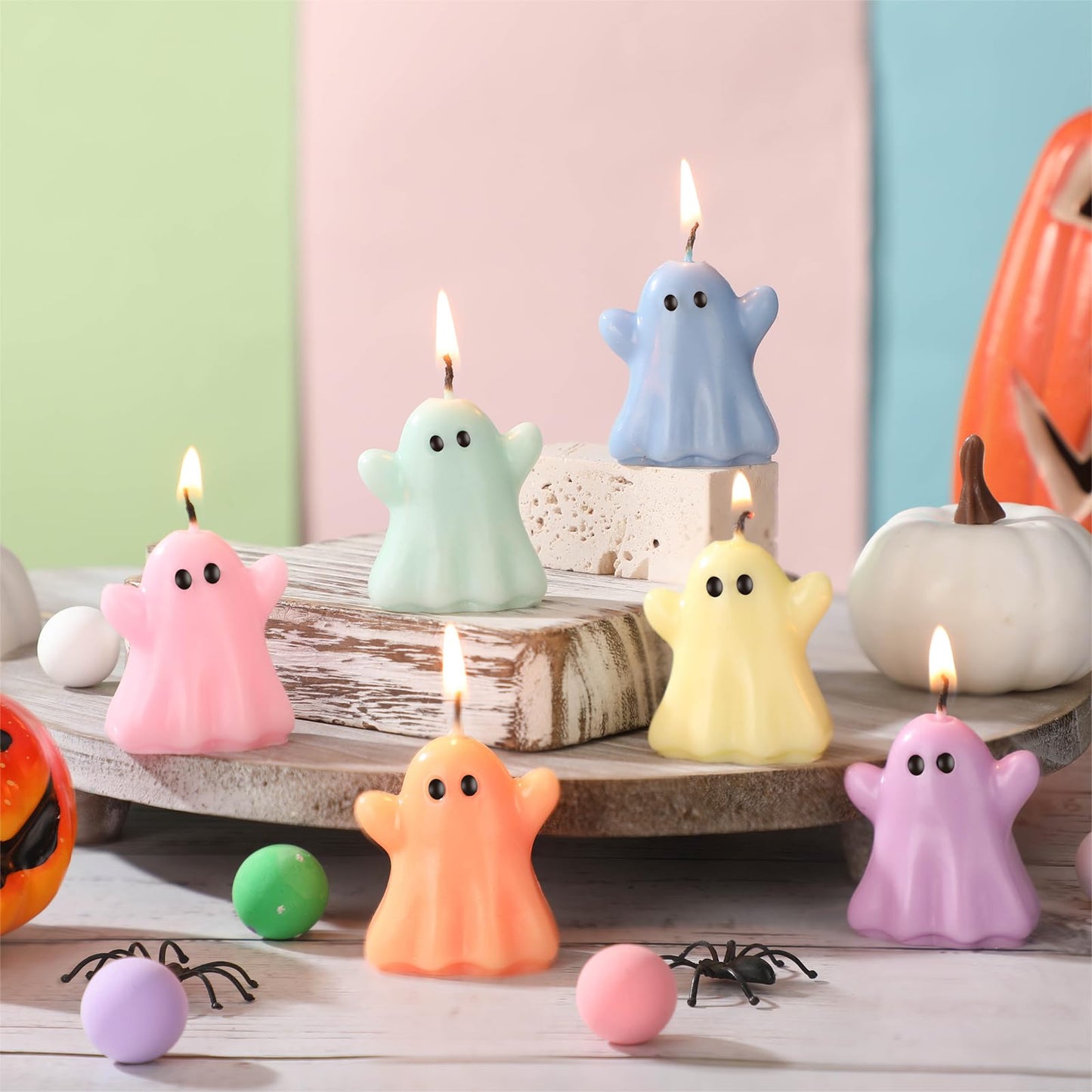 DoubleFill 12 Pcs Pastel Halloween Ghost Candles Cute Burning Unscented Wax Candles Ghost Spooky Decor for Halloween Holidays Party Bedroom Table Decorations