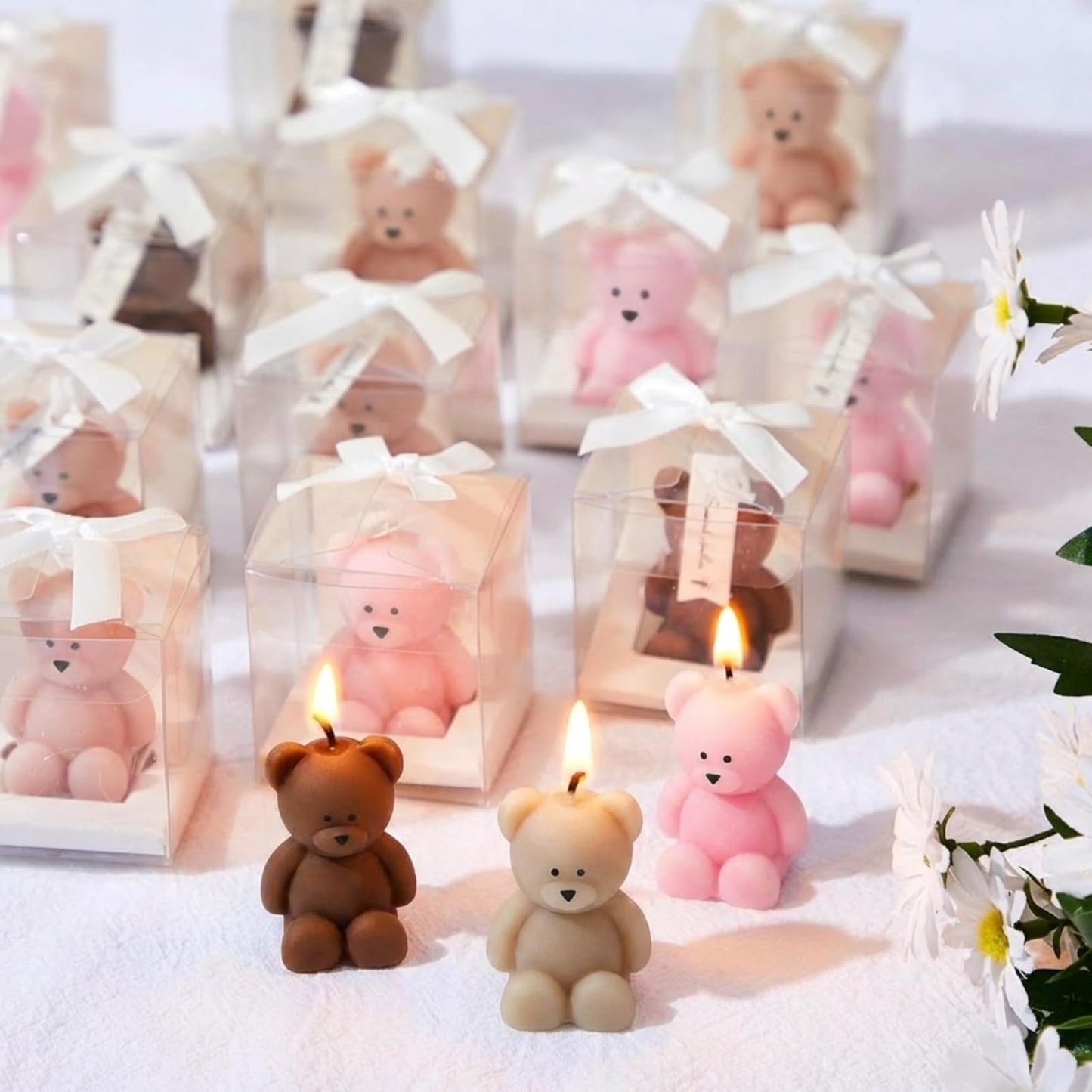 Dansib 50 Pcs Bear Baby Shower Candle Favors for Guest Bear Party Favors Baby Shower Candles Bulk for Gifts Party Decorations (Light Brown,Dark Brown,Pink)