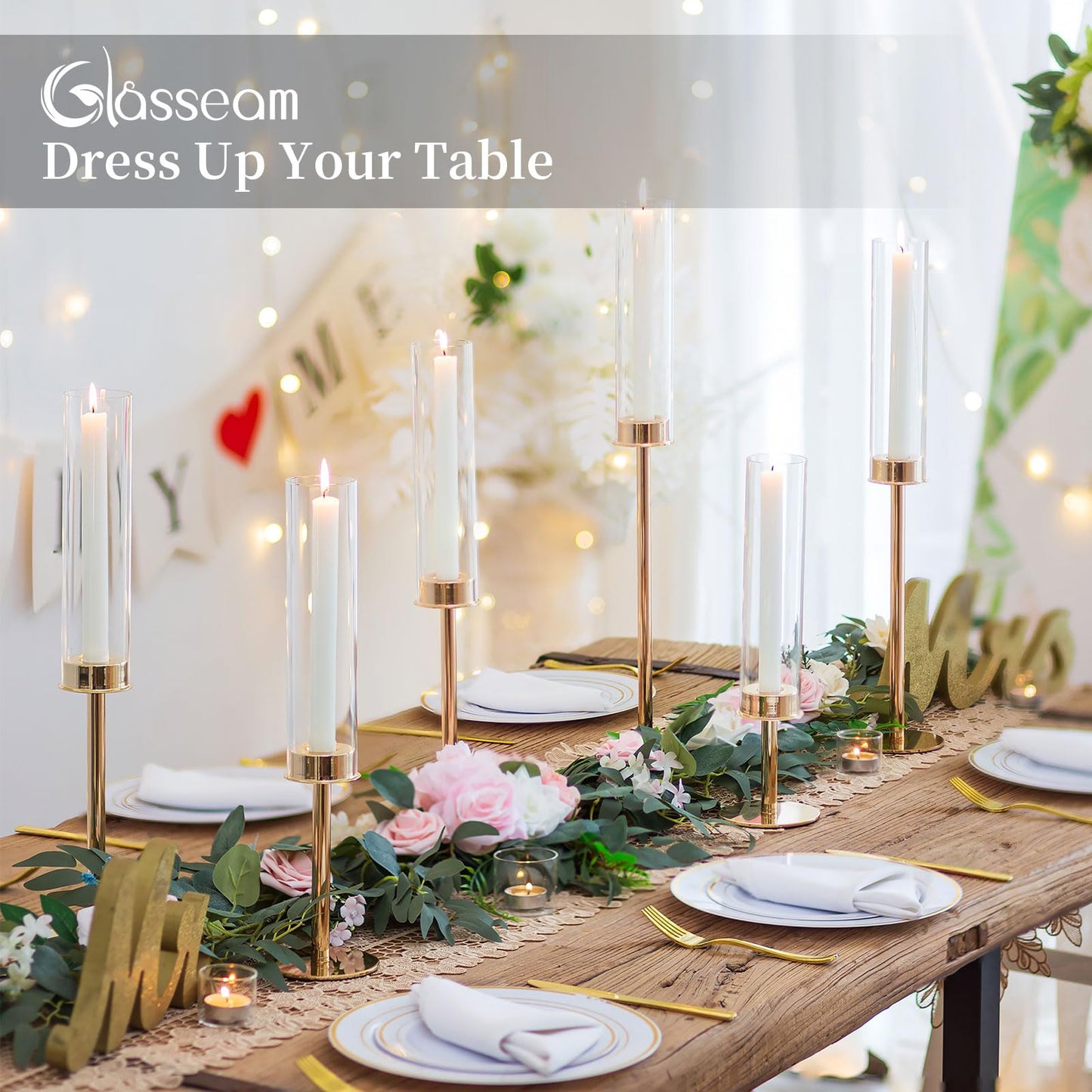 Glasseam Hurricane Gold Candle Holders: Set of 3 Brass Candlestick Holders for Taper Candles Modern Taper Candle Holder with Glass Clear Cylinder Glass Shade for Table Centerpiece Christmas Decor