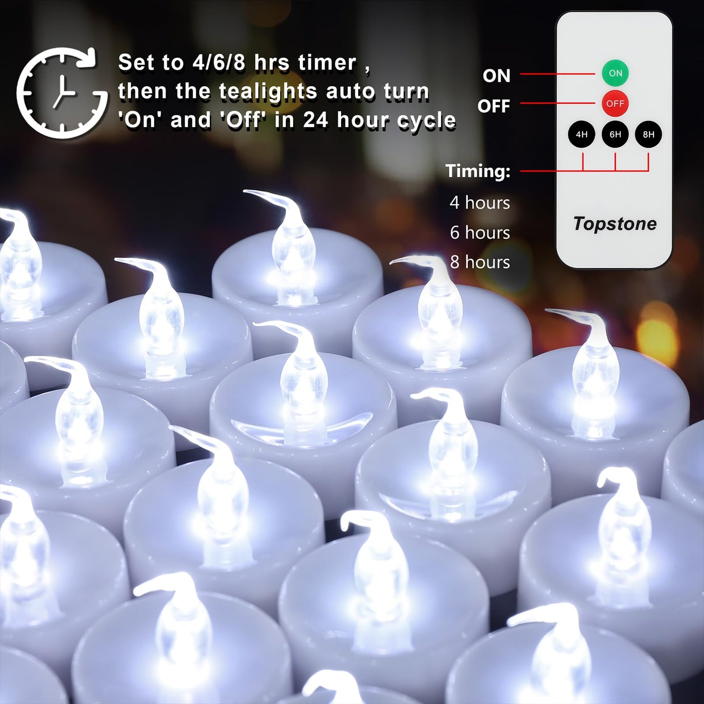 Topstone Remote Controlled LED Tea Light,White Flickering Bulb,Long Lasting Battery Operated LED Votive Candle with Timer,Pack of 12